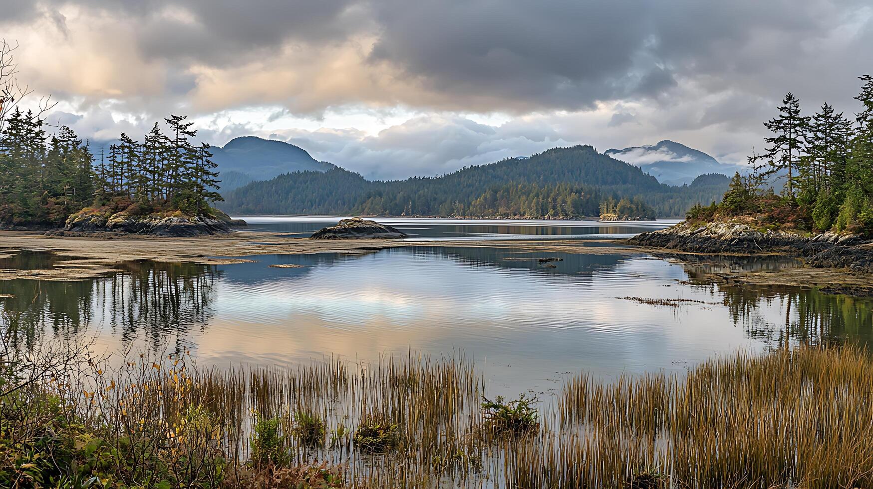 Serene Coastal Inlet with Mountain Reflections. A tranquil scene of a calm bay, reflecting the surrounding mountains and evergreen trees under a cloudy sky. photo