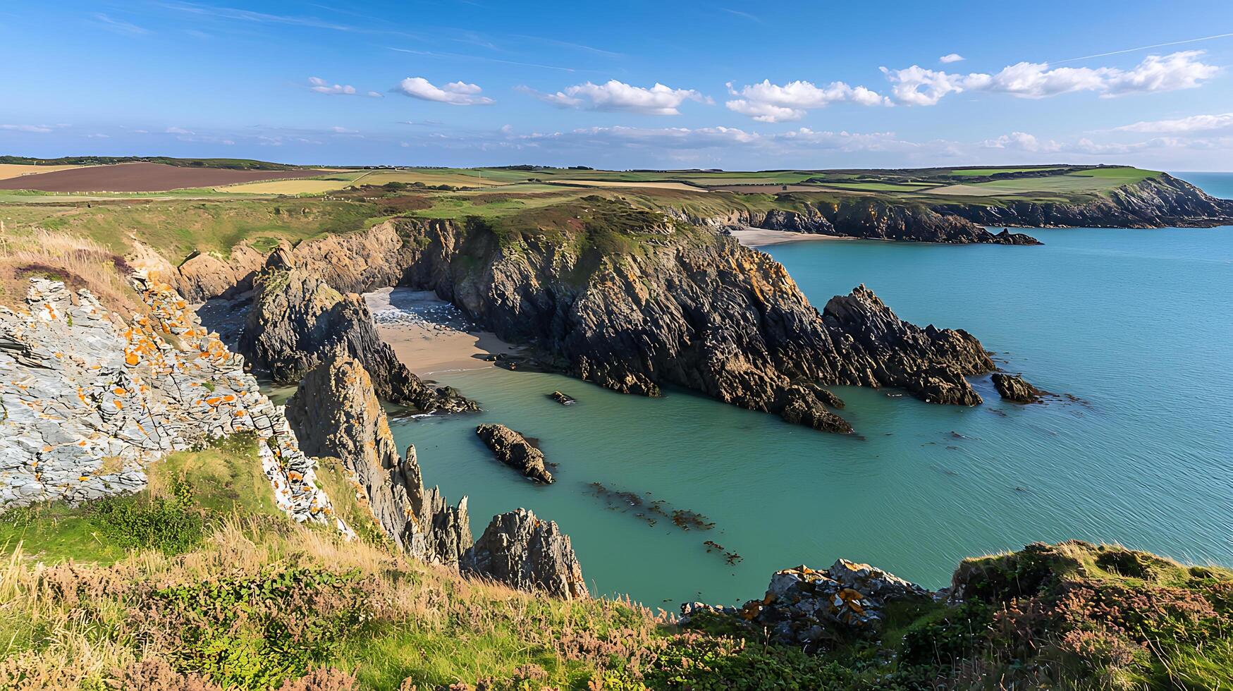 Stunning coastal landscape featuring dramatic cliffs and turquoise waters. A secluded cove with a sandy beach is nestled between rugged rock formations. photo