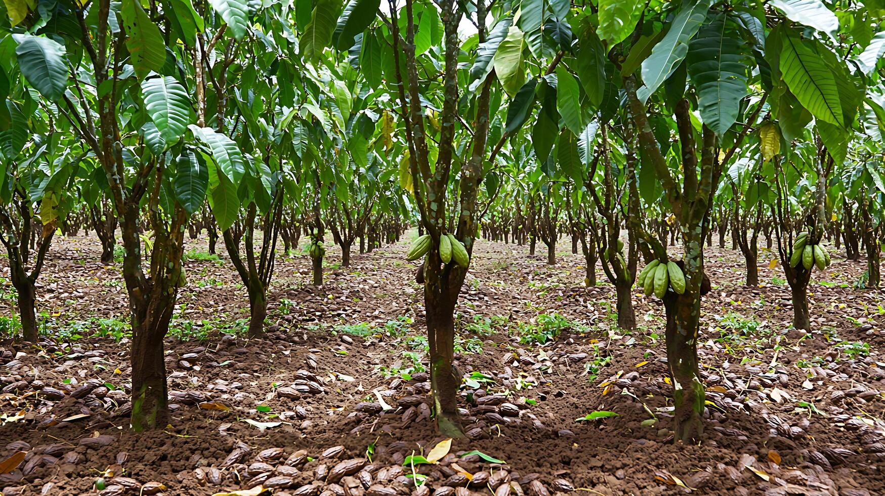 Lush Cacao Plantation Rows of Cocoa Trees with Pods and Beans. photo