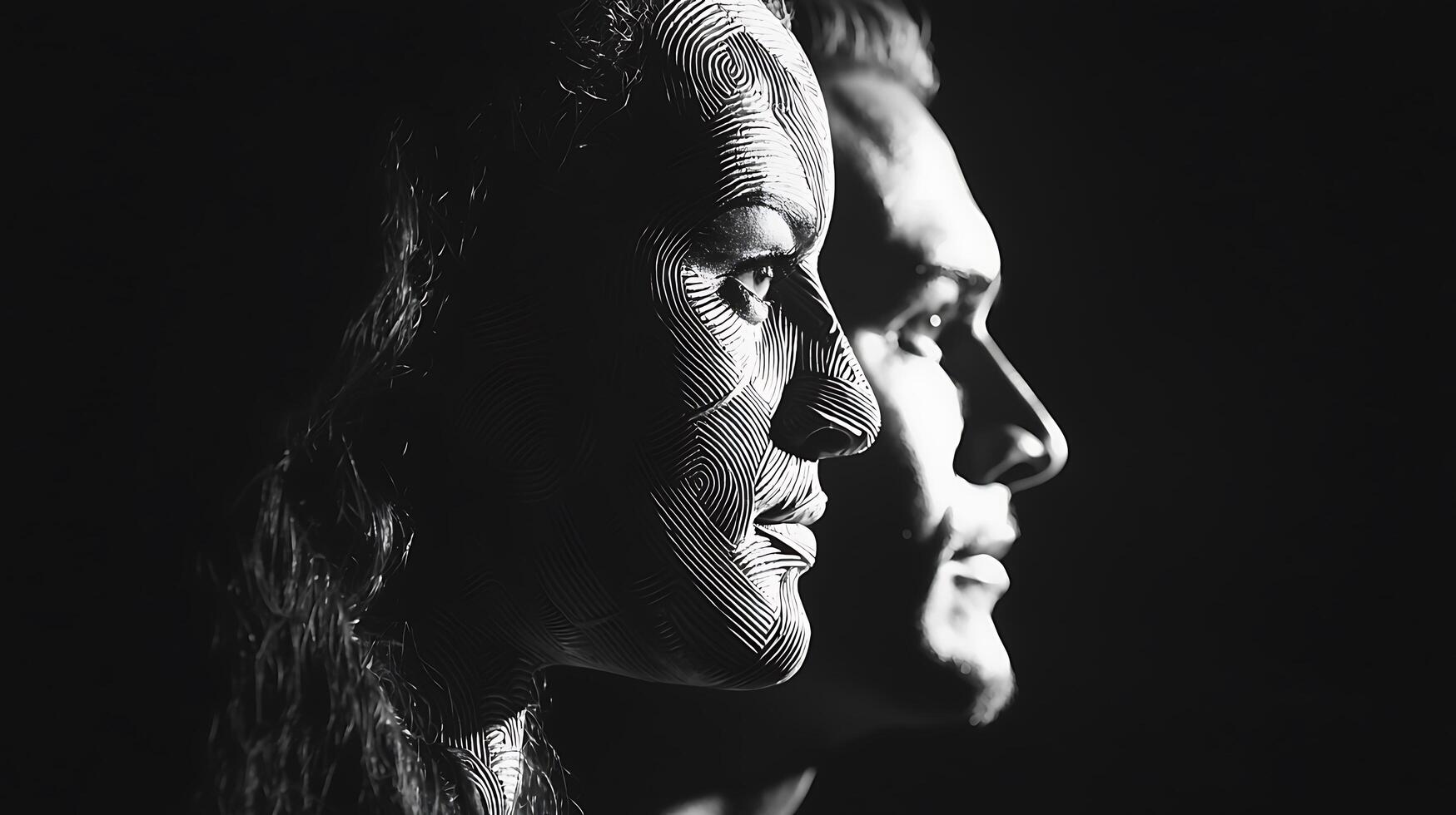 Monochromatic Close Up of a Couple's Profiles, Intricate Line Art Style. photo