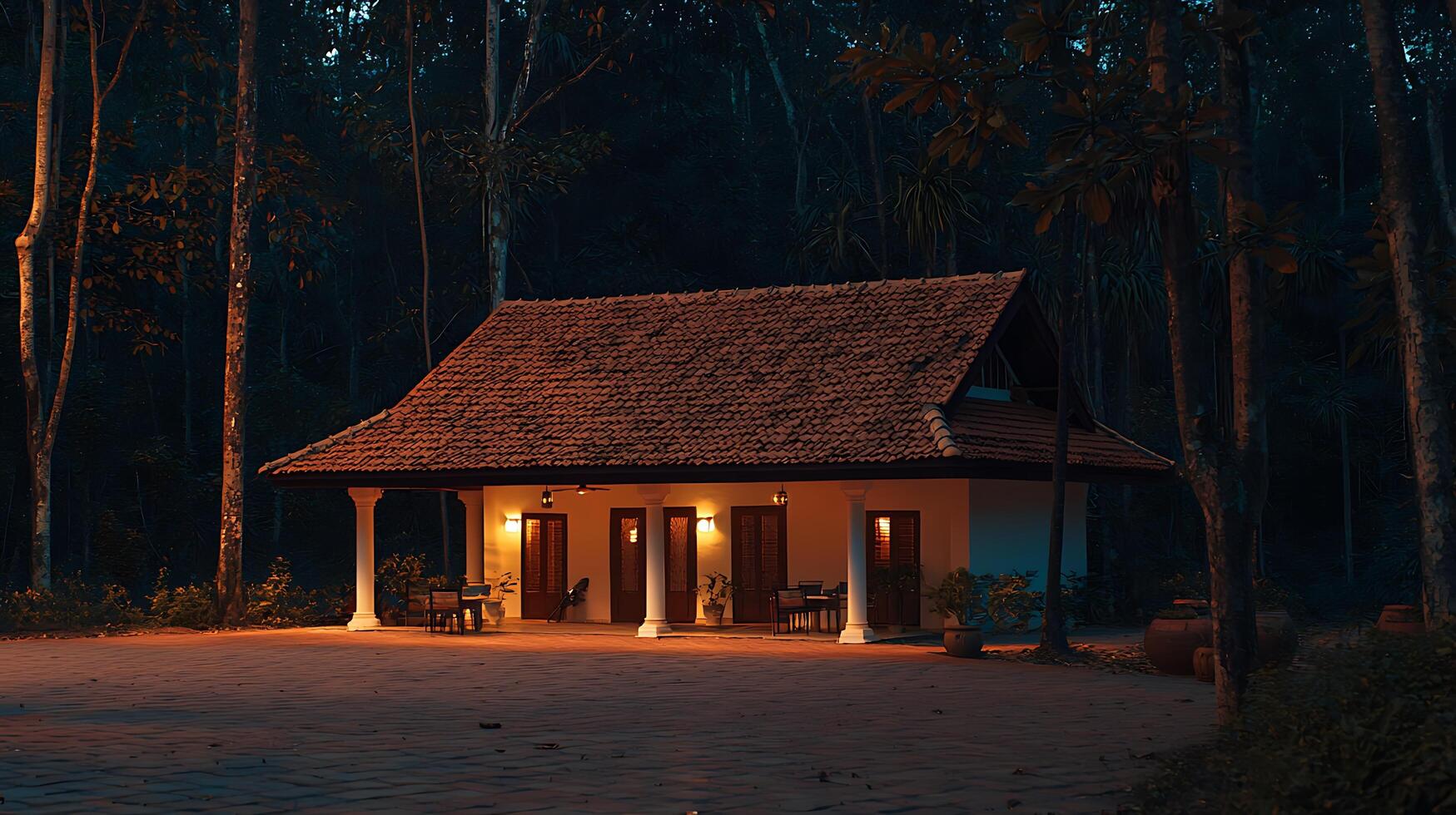 Illuminated Cottage nestled in a Dark Forest at Night. A tranquil scene of a cozy house surrounded by trees. photo