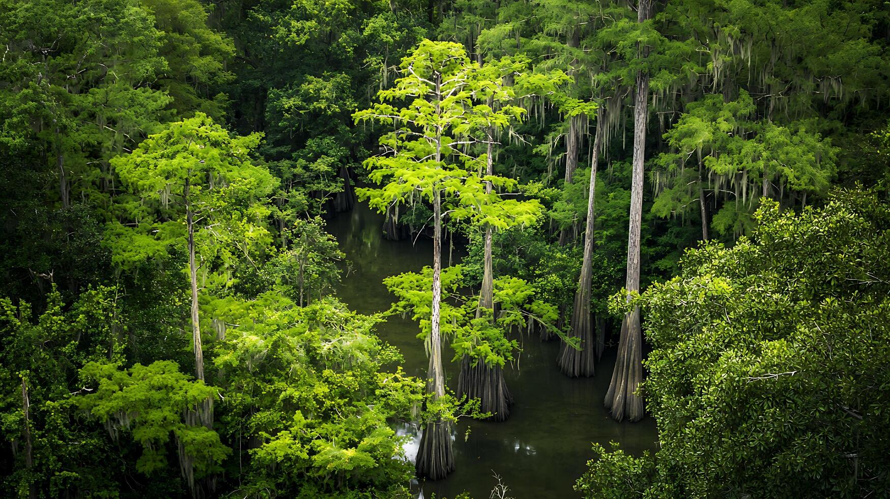 Aerial View of Lush Cypress Trees in a Swampy Bayou. Sunlight Dapples the Green Canopy. photo