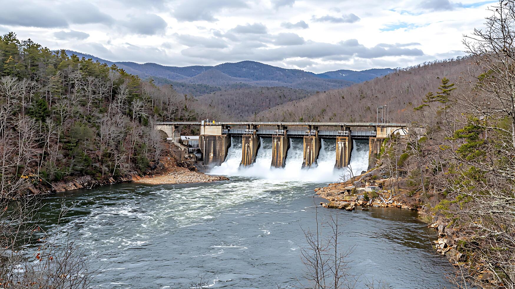 Dam and River Landscape in the Appalachian Mountains. A scenic view of a dam releasing water into a river, surrounded by mountains and trees. photo