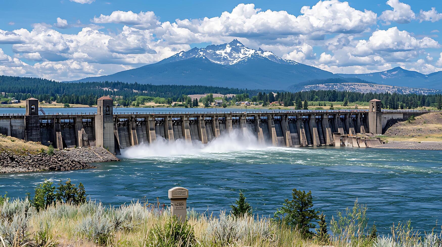 Majestic Dam and Mountain Landscape Water cascading over a large dam with a snow capped mountain in the background. photo