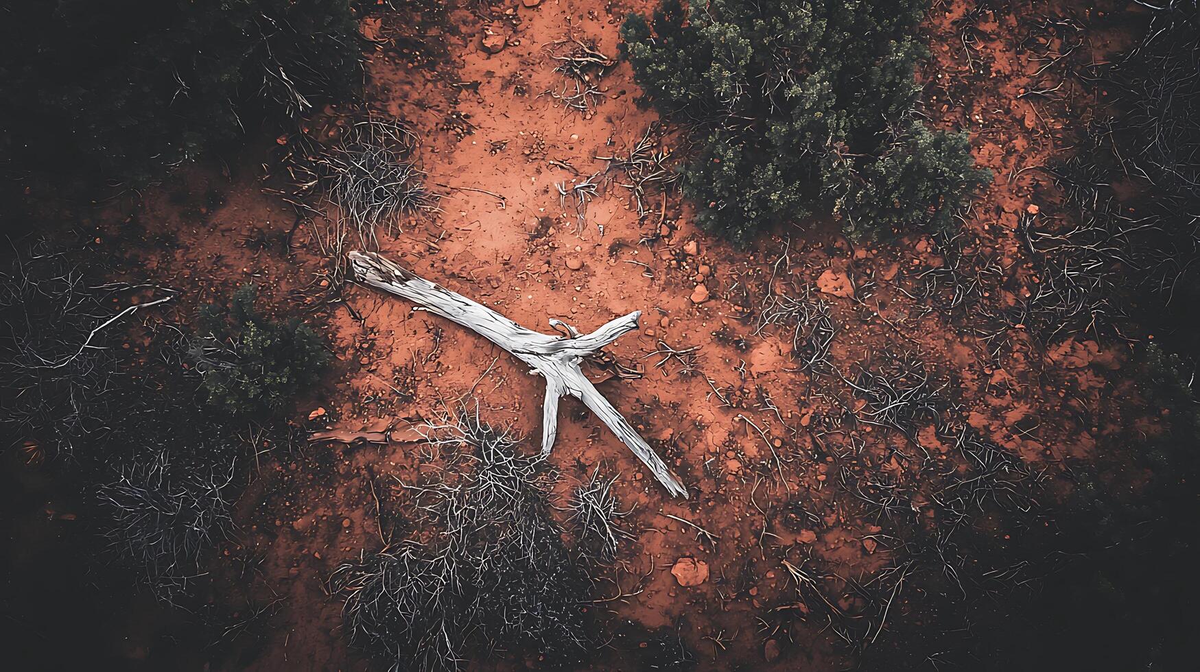 Aerial View of Bleached Driftwood on Red Earth. A high angle photograph showcasing the texture of the desert landscape. photo