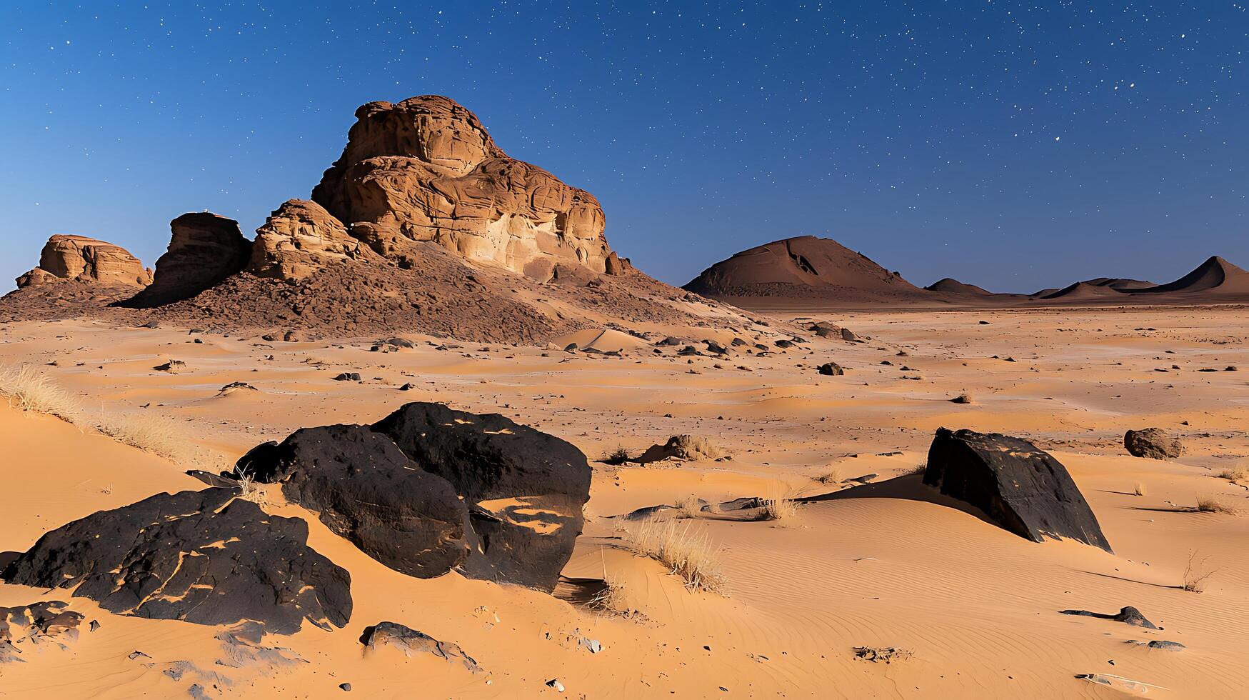 Night Sky over Desert Rock Formations in the Sahara. A stunning landscape photograph of dramatic sandstone formations under a starlit sky. photo