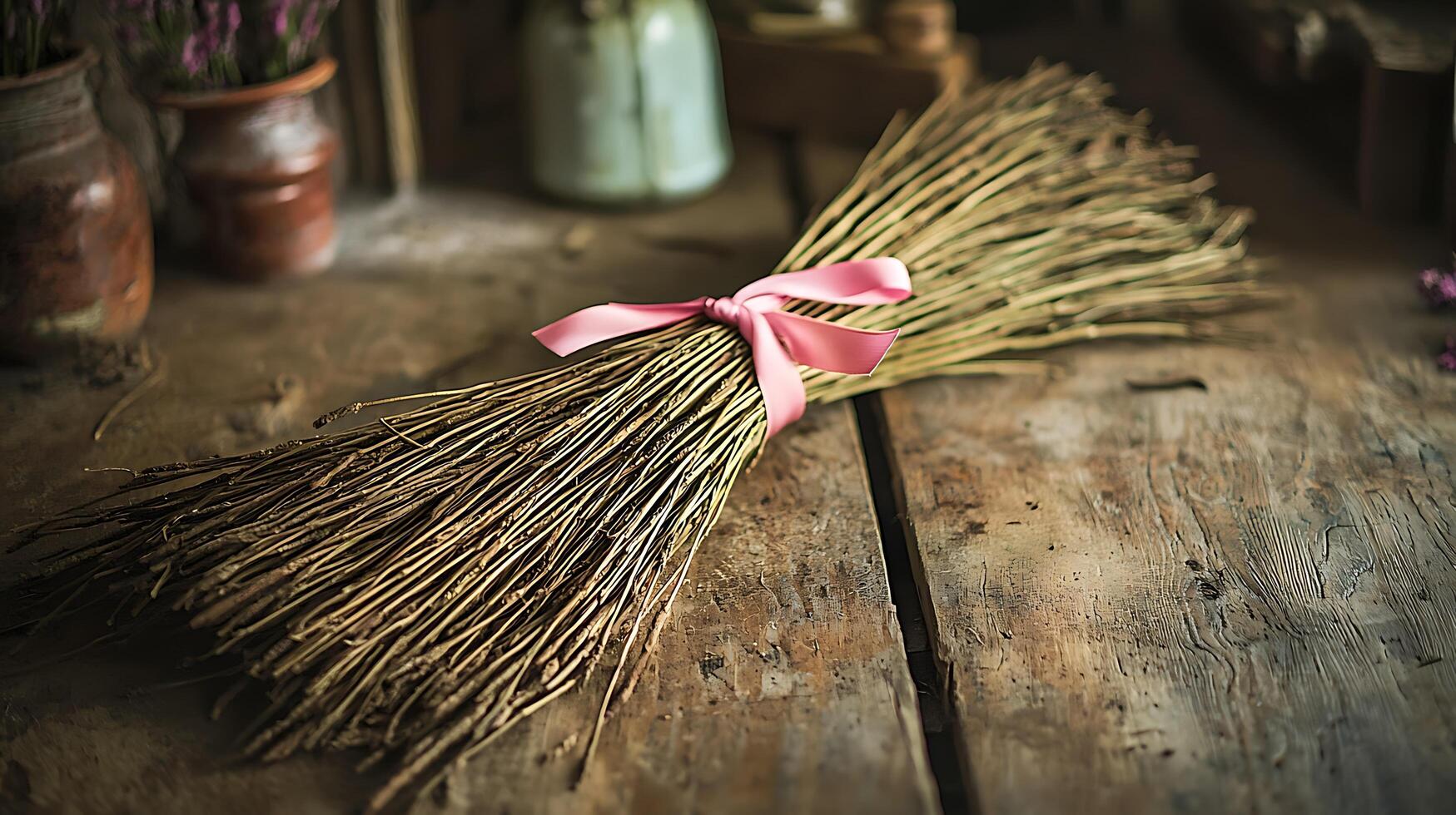 Rustic Bundle of Dried Plants Tied with a Pink Ribbon on Wooden Surface. photo
