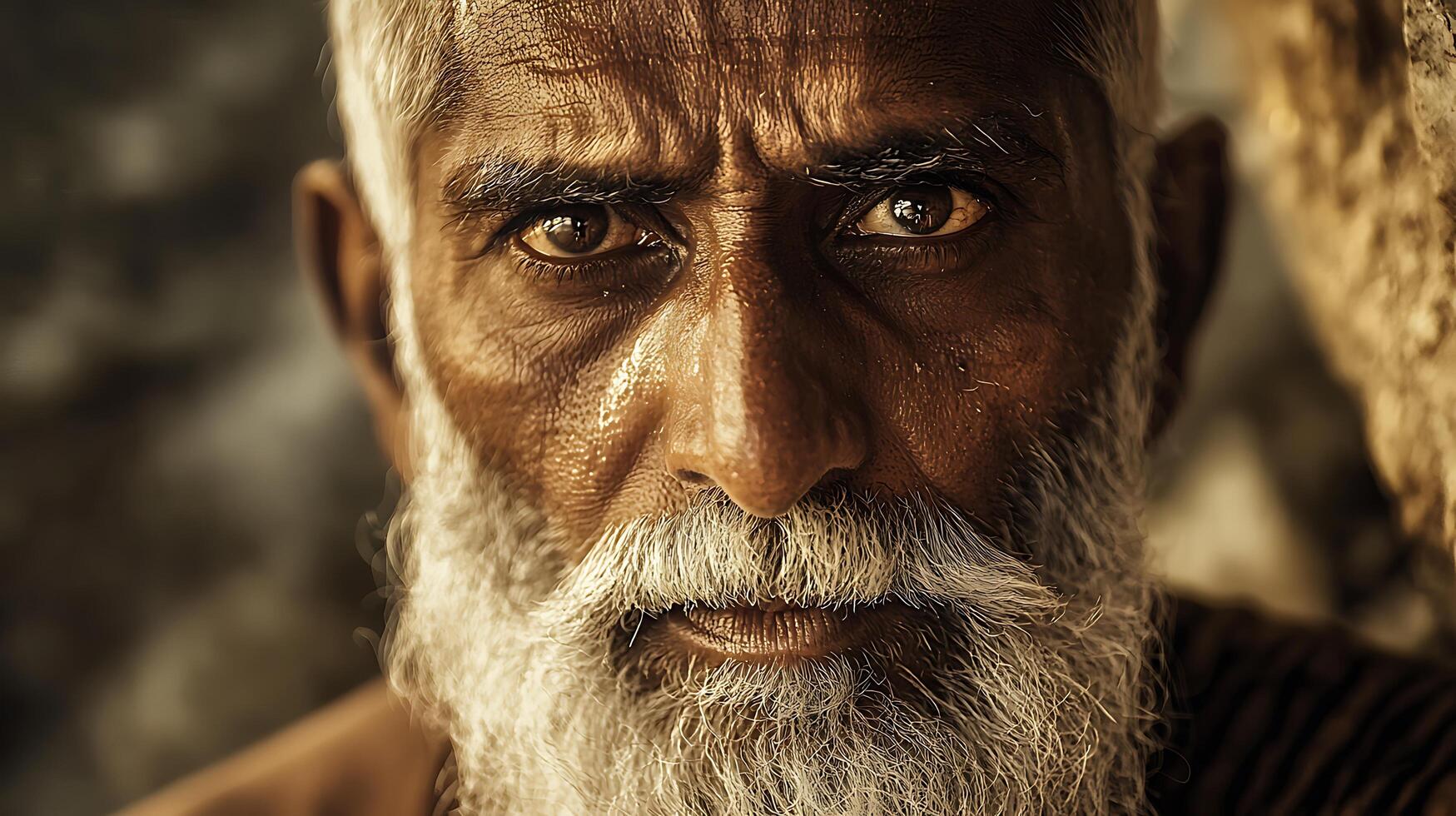 Close Up Portrait of an Elderly Man with a Long White Beard. His weathered face shows wisdom and years of life experience. photo