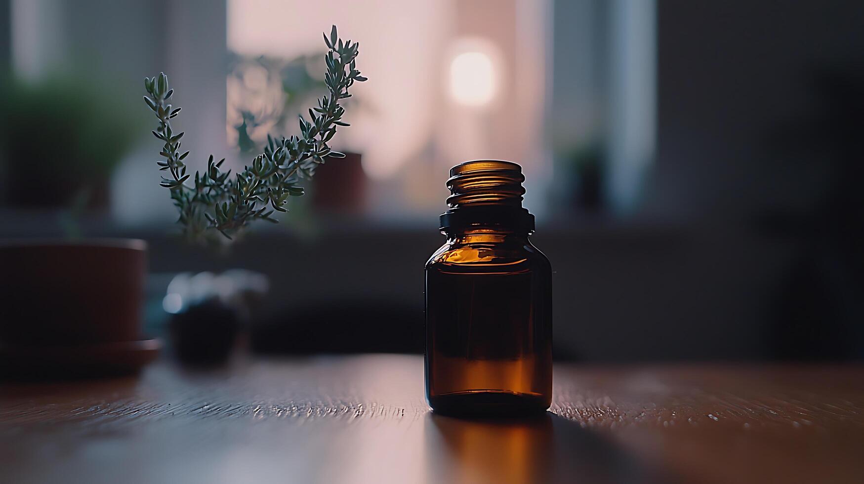 Amber Bottle of Essential Oil with Herb in the Background. A close up image of a dark glass bottle filled with essential oil. photo