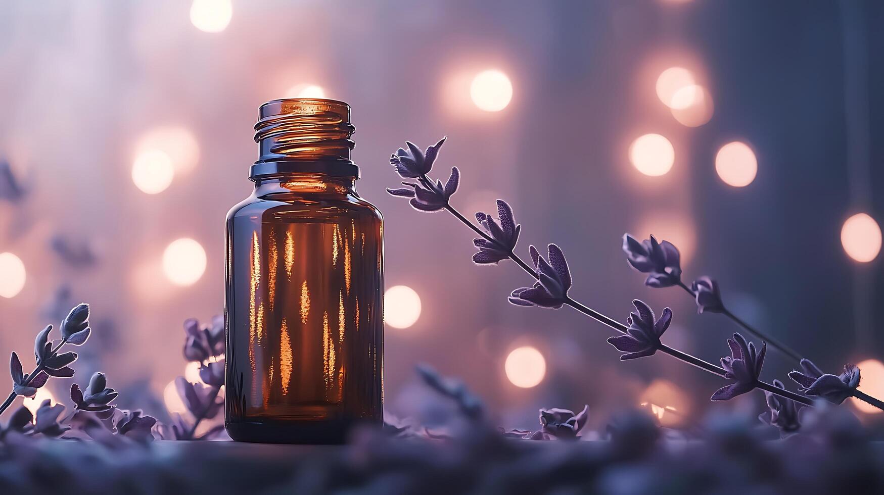 Amber Bottle of Essential Oil with Lavender Flowers and Warm Bokeh Lights. A tranquil image perfect for aromatherapy, relaxation, and wellness themes. photo