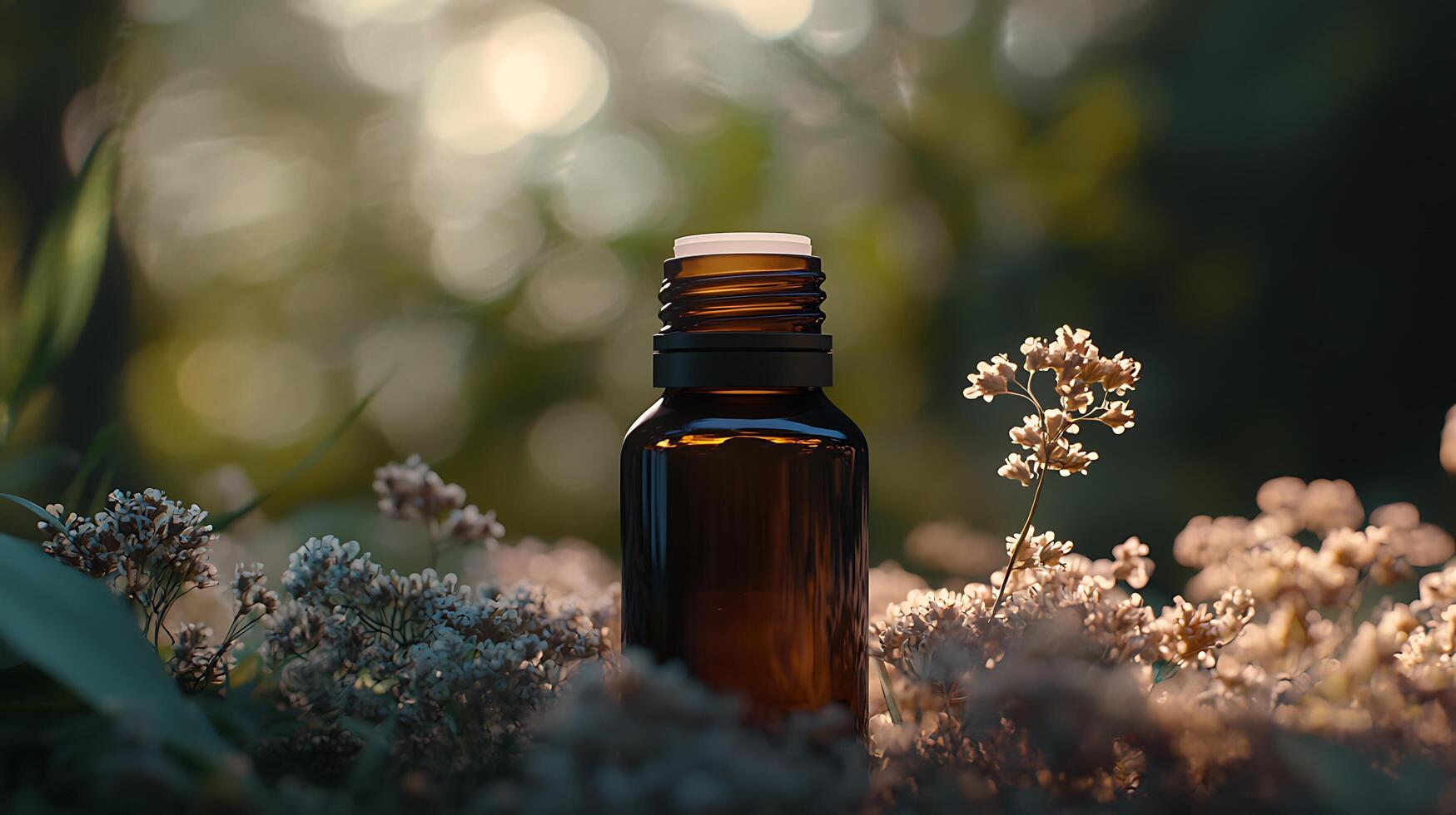 Amber Bottle of Essential Oil Amongst Wildflowers at Sunset. A close up image showcasing a dark glass bottle nestled in a field of delicate wildflowers, bathed in the warm glow of the setting sun. photo