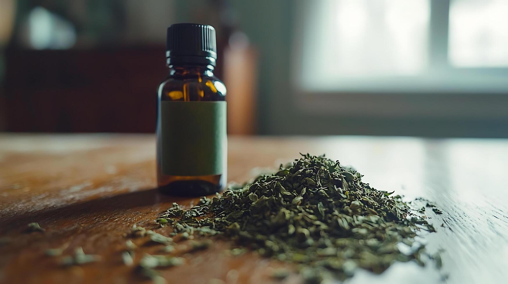 Dried Herbs and Essential Oil Bottle on Wooden Table. A close up image of dried herbs and a dark glass bottle with a blank label, perfect for aromatherapy or herbal product branding. photo