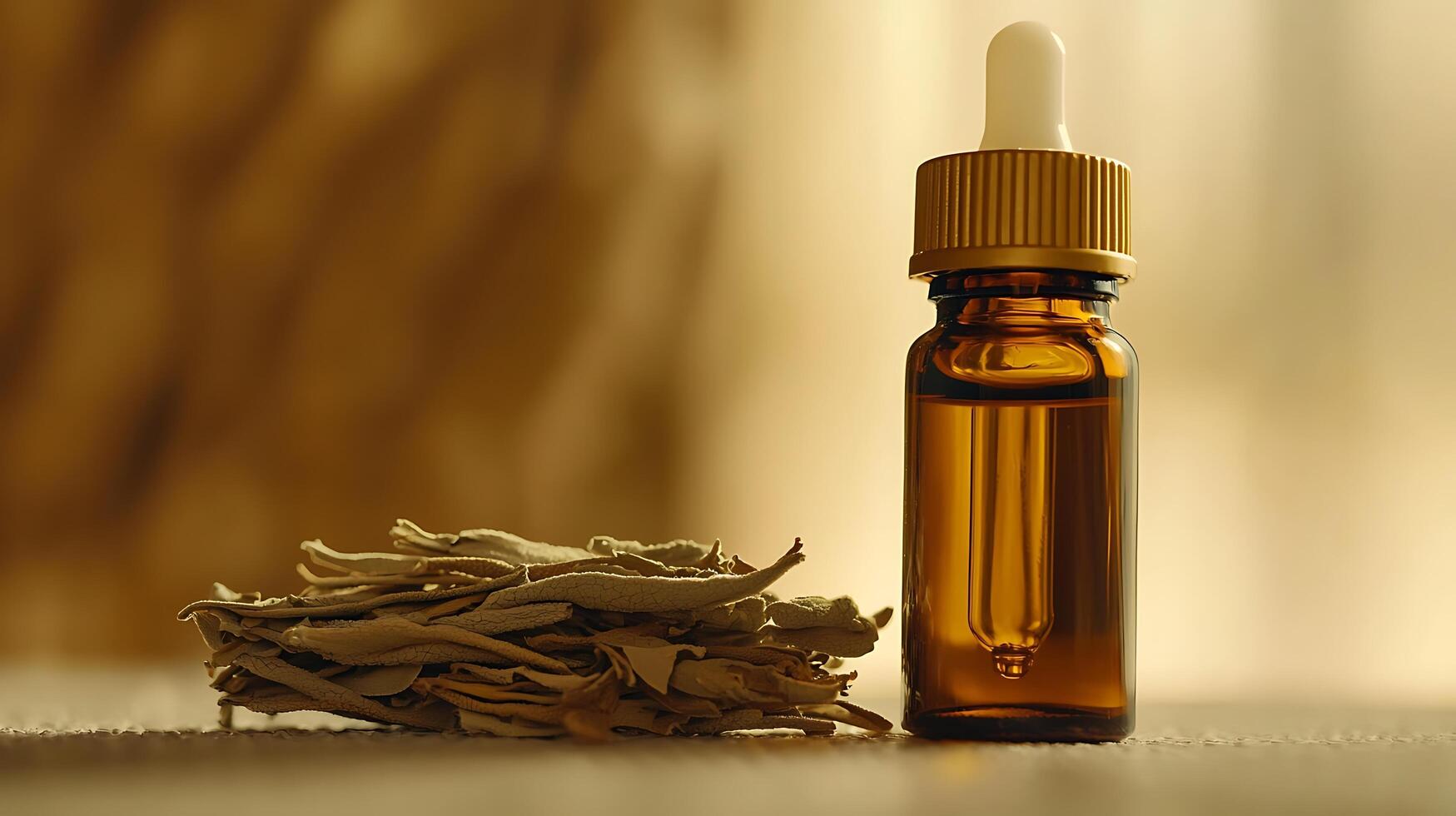 Amber Bottle of Essential Oil with Dried Sage Leaves. A close up image of a bottle of essential oil next to dried sage. photo