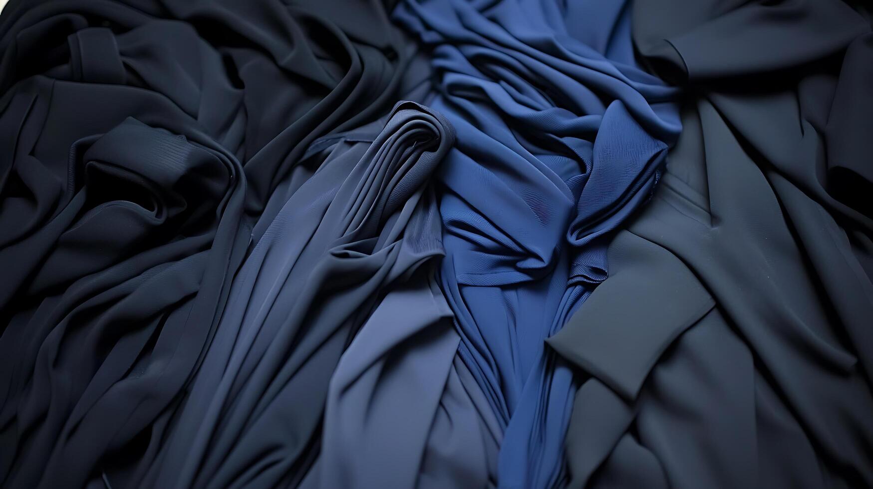Abstract Draped Fabric Shades of Blue and Black. A close up image of luxurious textile material in a variety of dark blue and black hues. photo