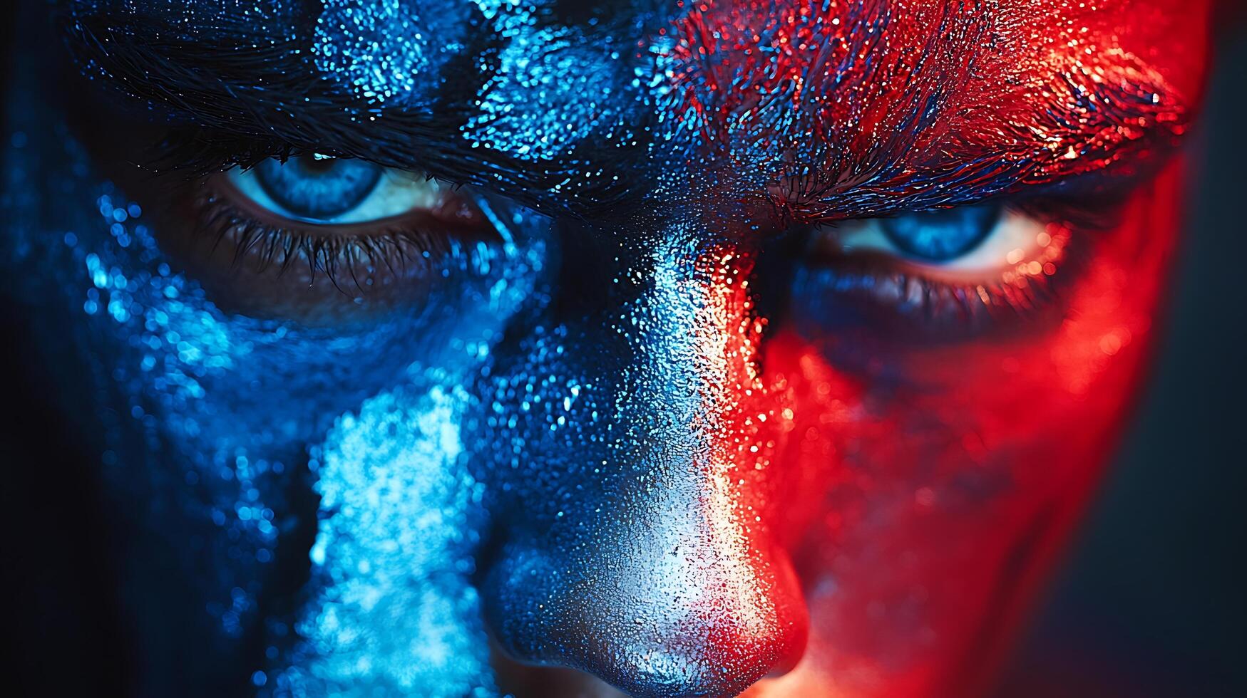 Close up of a Face with Blue and Red Glitter Makeup, Dramatic Portrait. photo