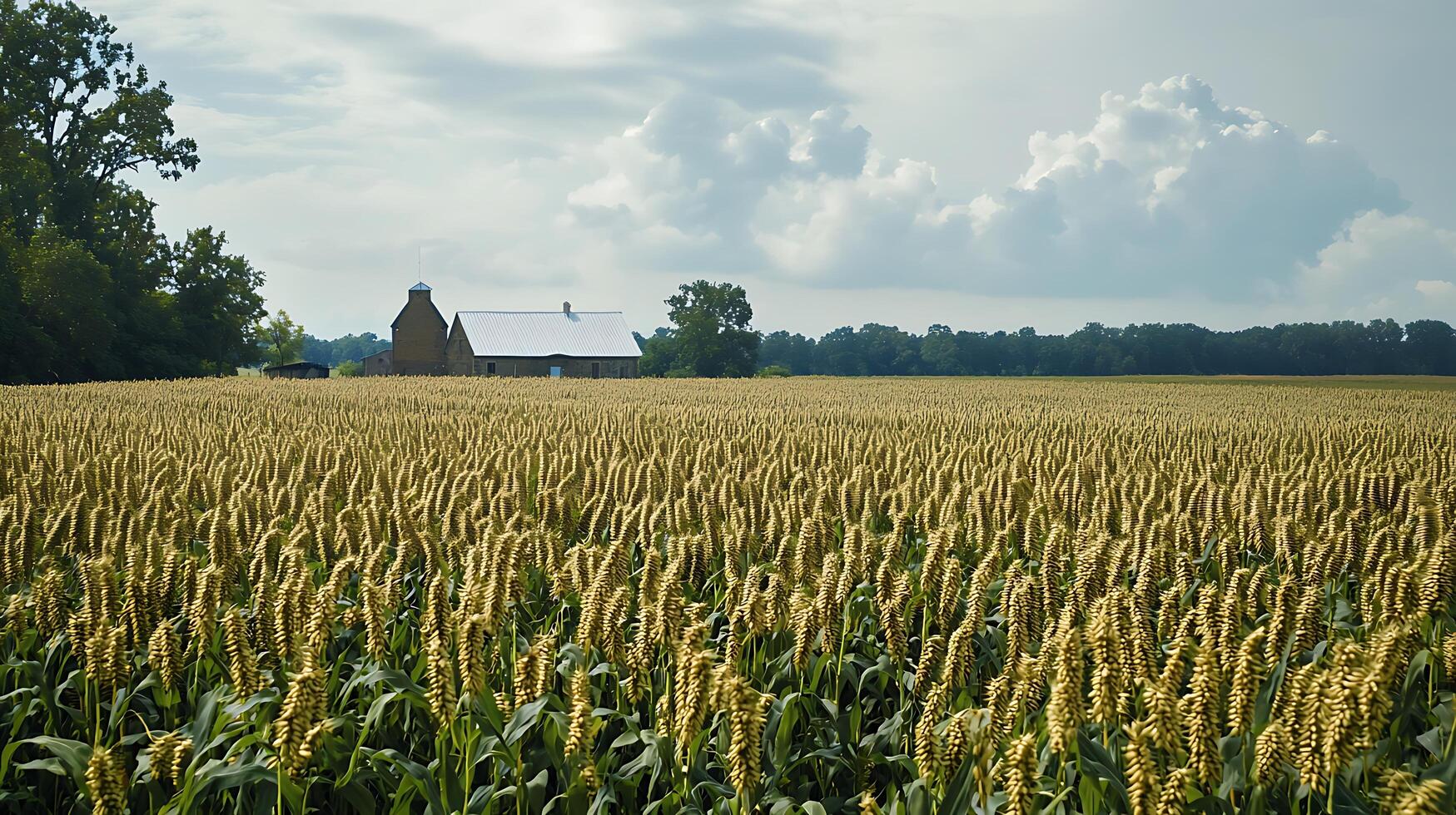 Rural Farmhouse in a Golden Wheat Field Under a Cloudy Sky. photo