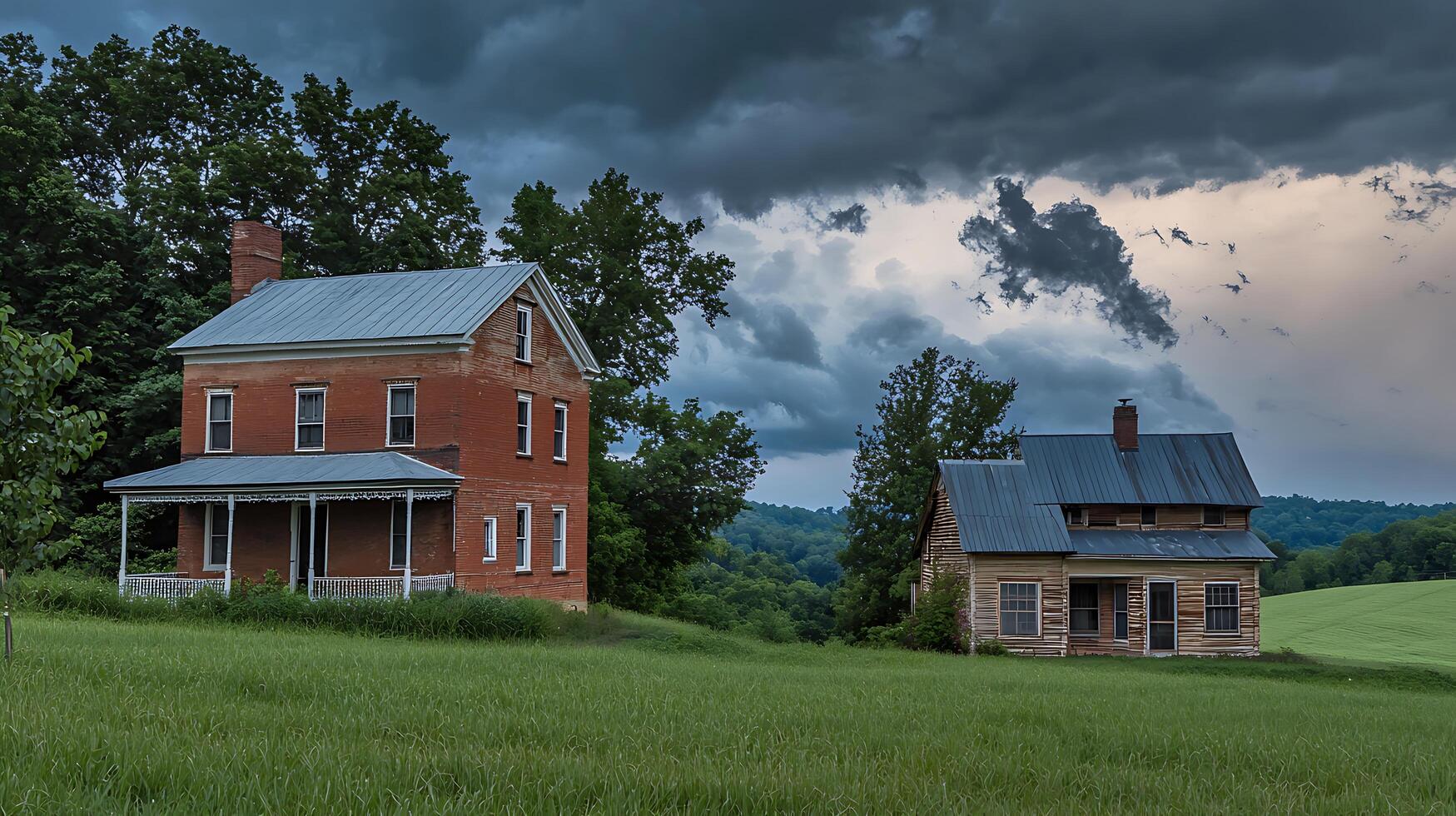 Two Old Farmhouses Under a Dramatic Stormy Sky. A picturesque scene of rural life and weathered architecture. photo