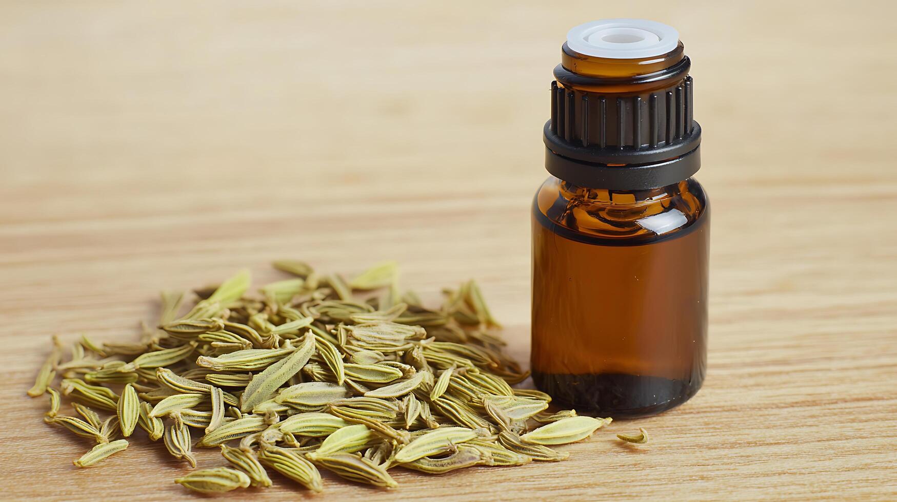 Fennel Essential Oil in Amber Bottle with Seeds. A close up image showing the natural ingredients and finished product. photo