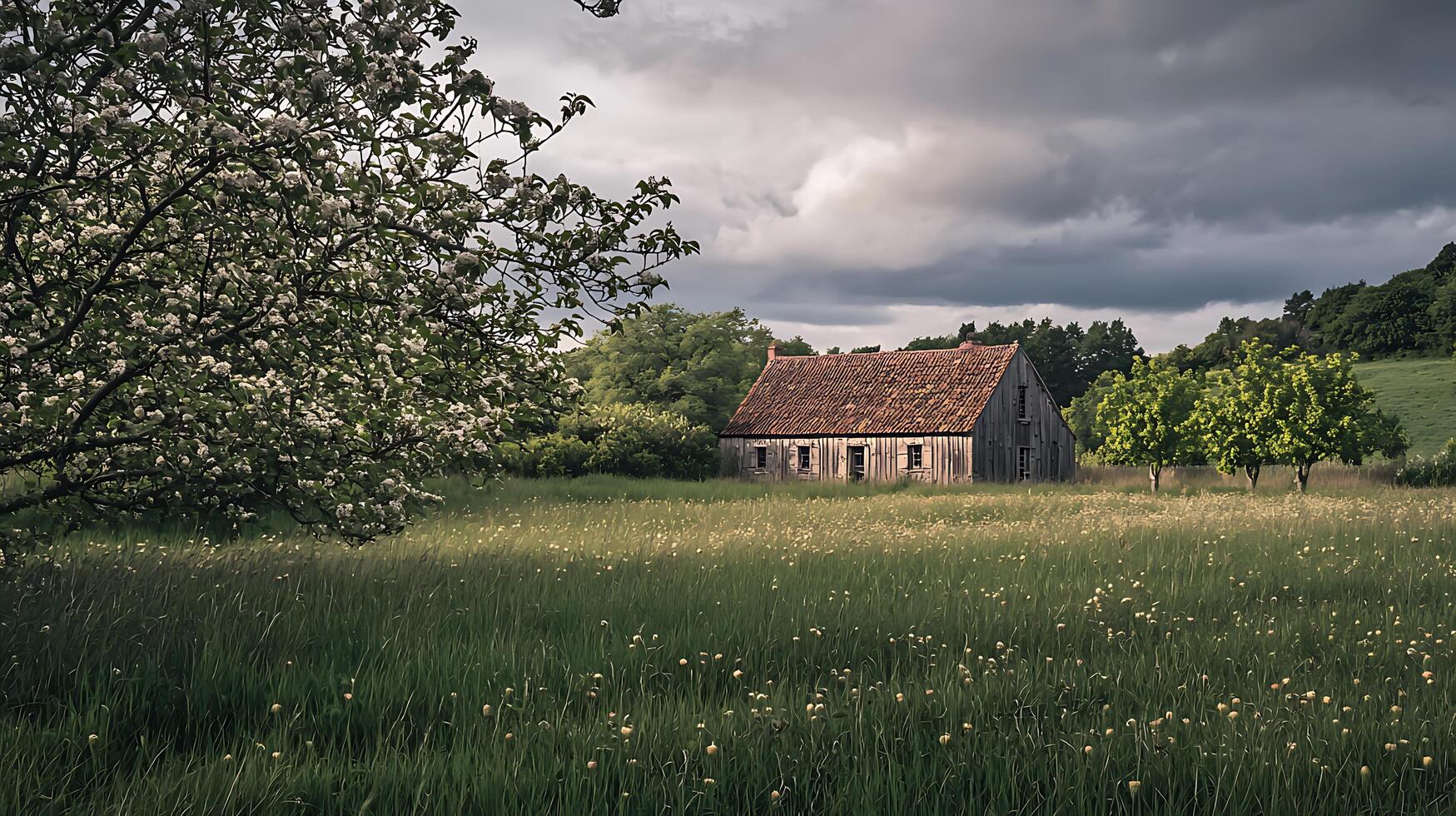 Rustic Farmhouse in a Blooming Meadow Under a Dramatic Sky. A picturesque rural scene featuring an old wooden house and flowering trees. photo