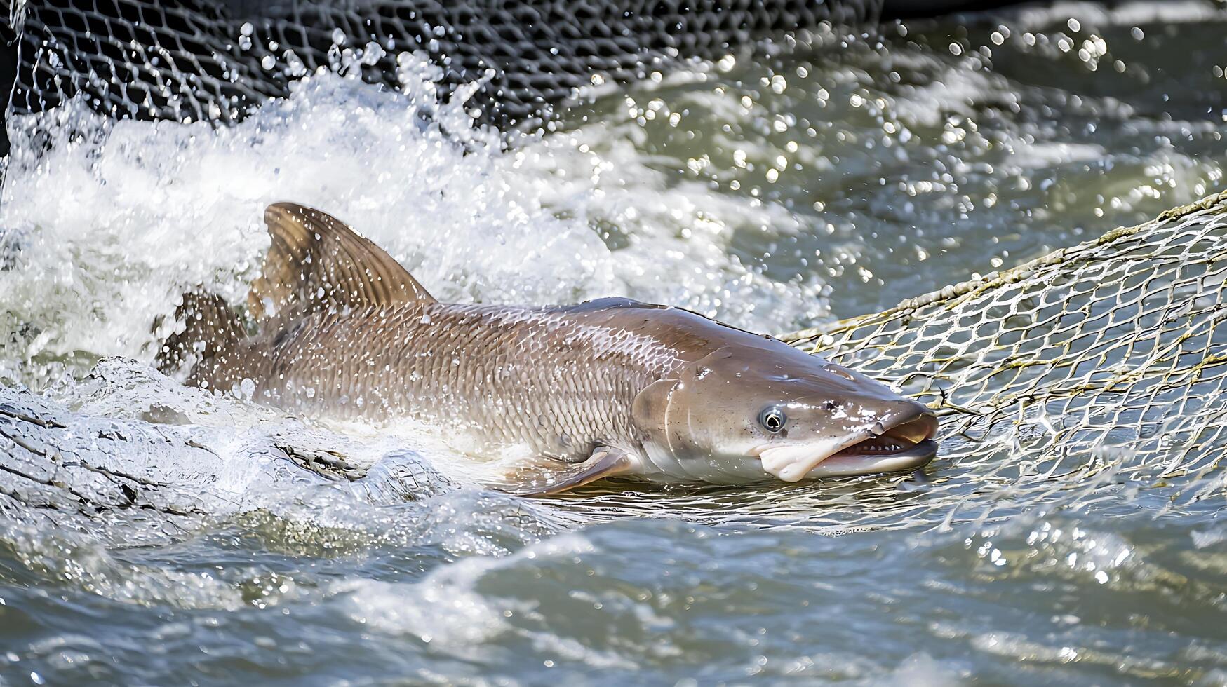 A Large Fish Caught in a Fishing Net, Splashing Water. photo