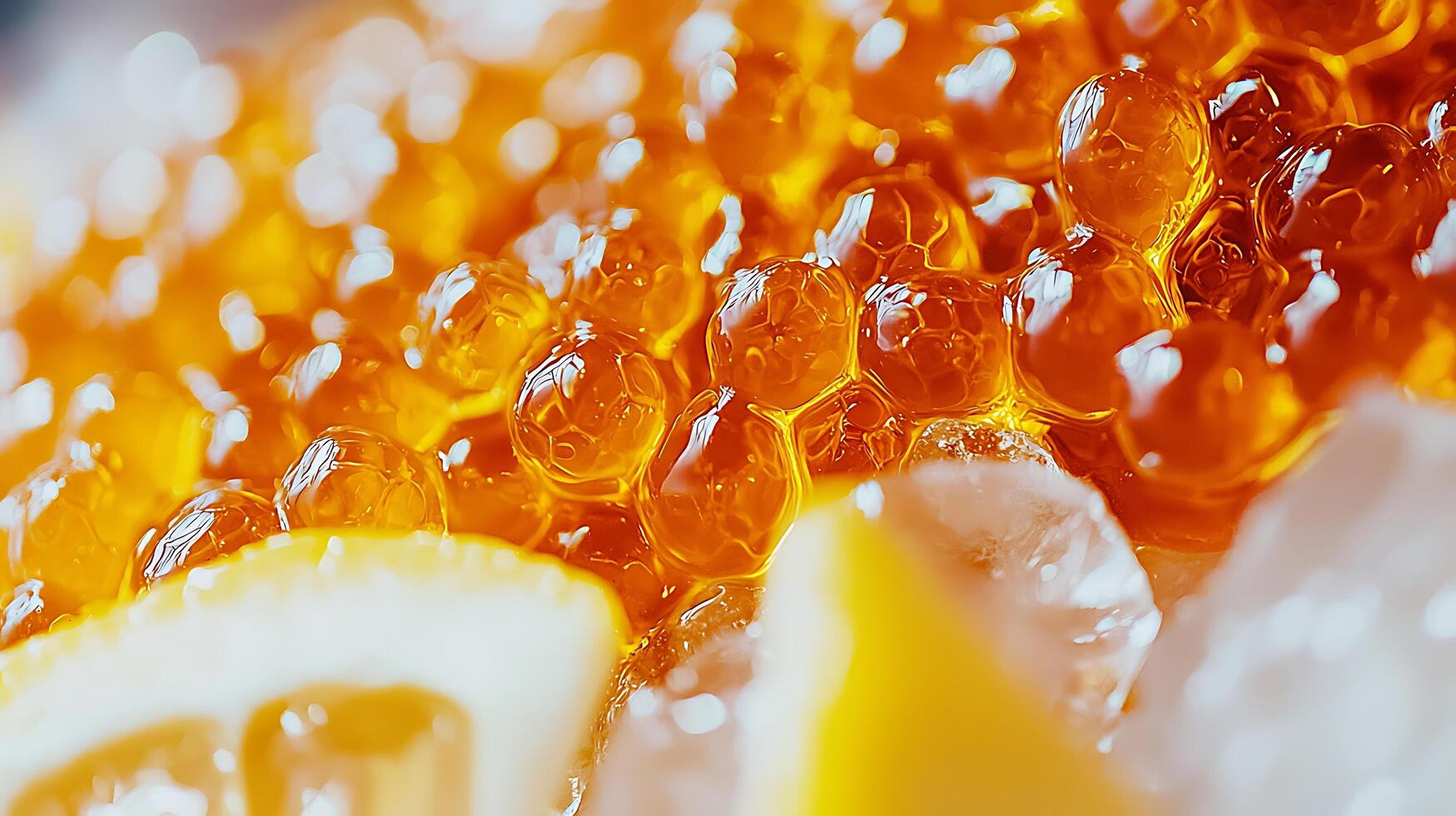 Close up of Orange Fish Roe with Lemon Slices and Ice. A Detailed Macro Photograph of Delicate Seafood. photo