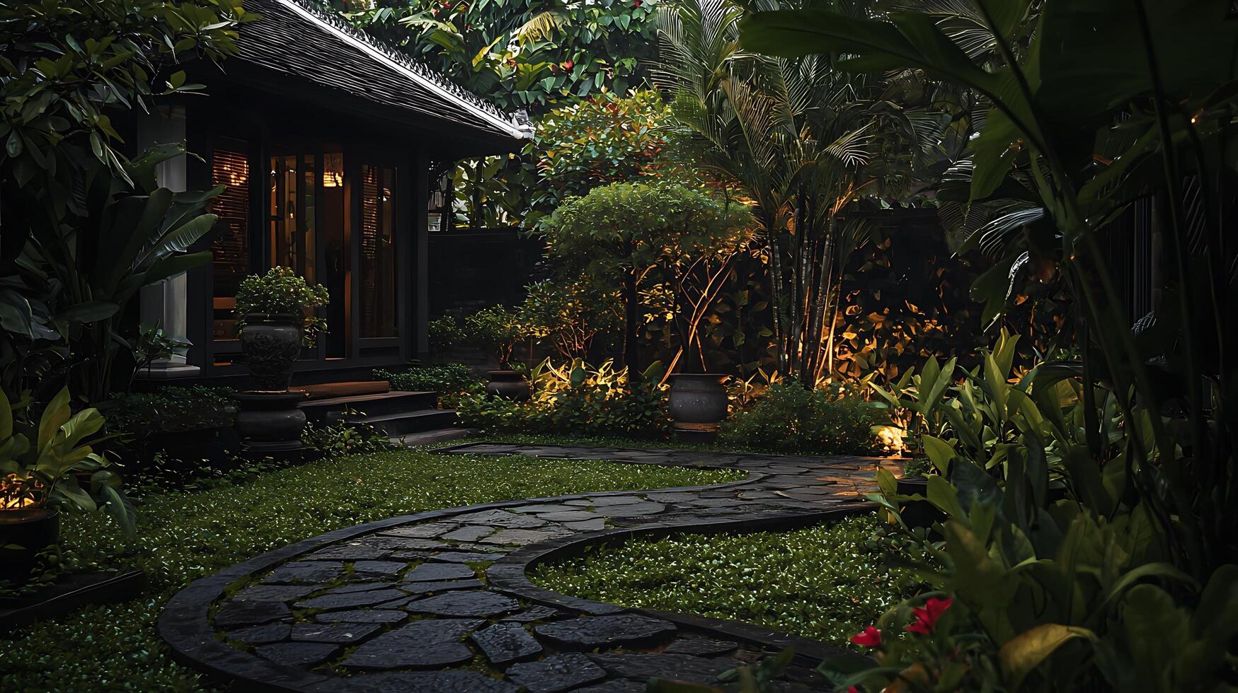 Serene Night Garden Path Leading to a Luxurious Asian-Style House. photo