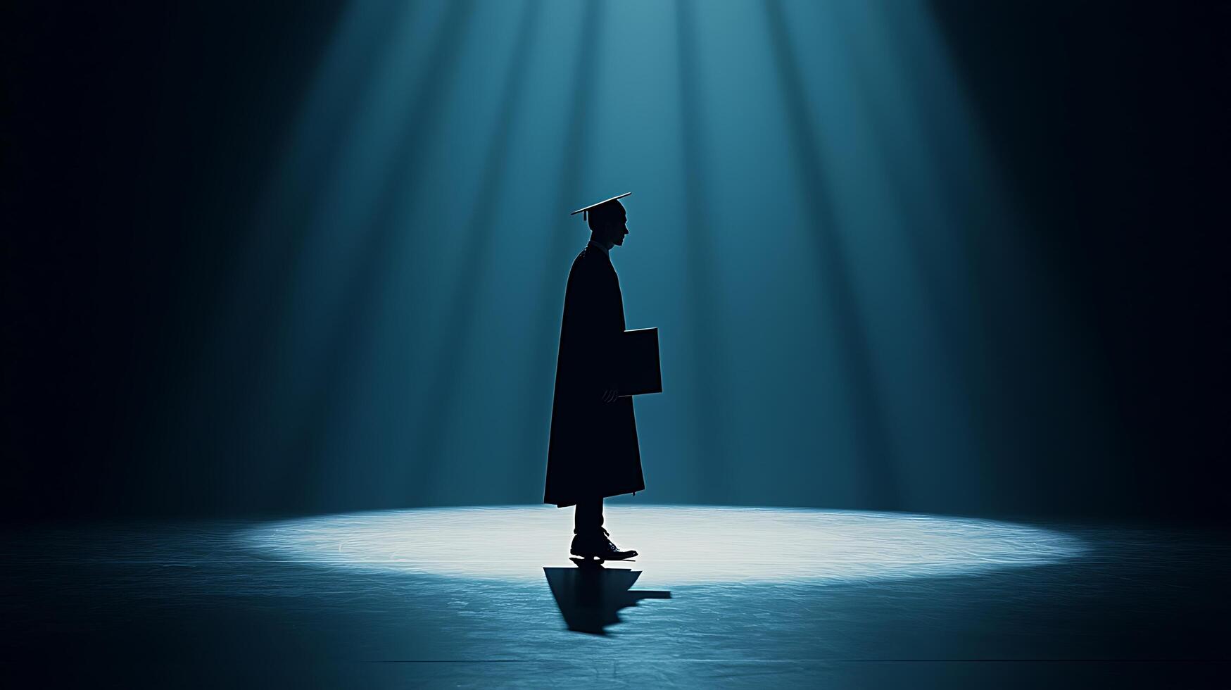 Silhouetted Graduate in Spotlight, Holding Diploma. A dramatic image of a single graduate standing in a spotlight, symbolizing achievement and the future. photo