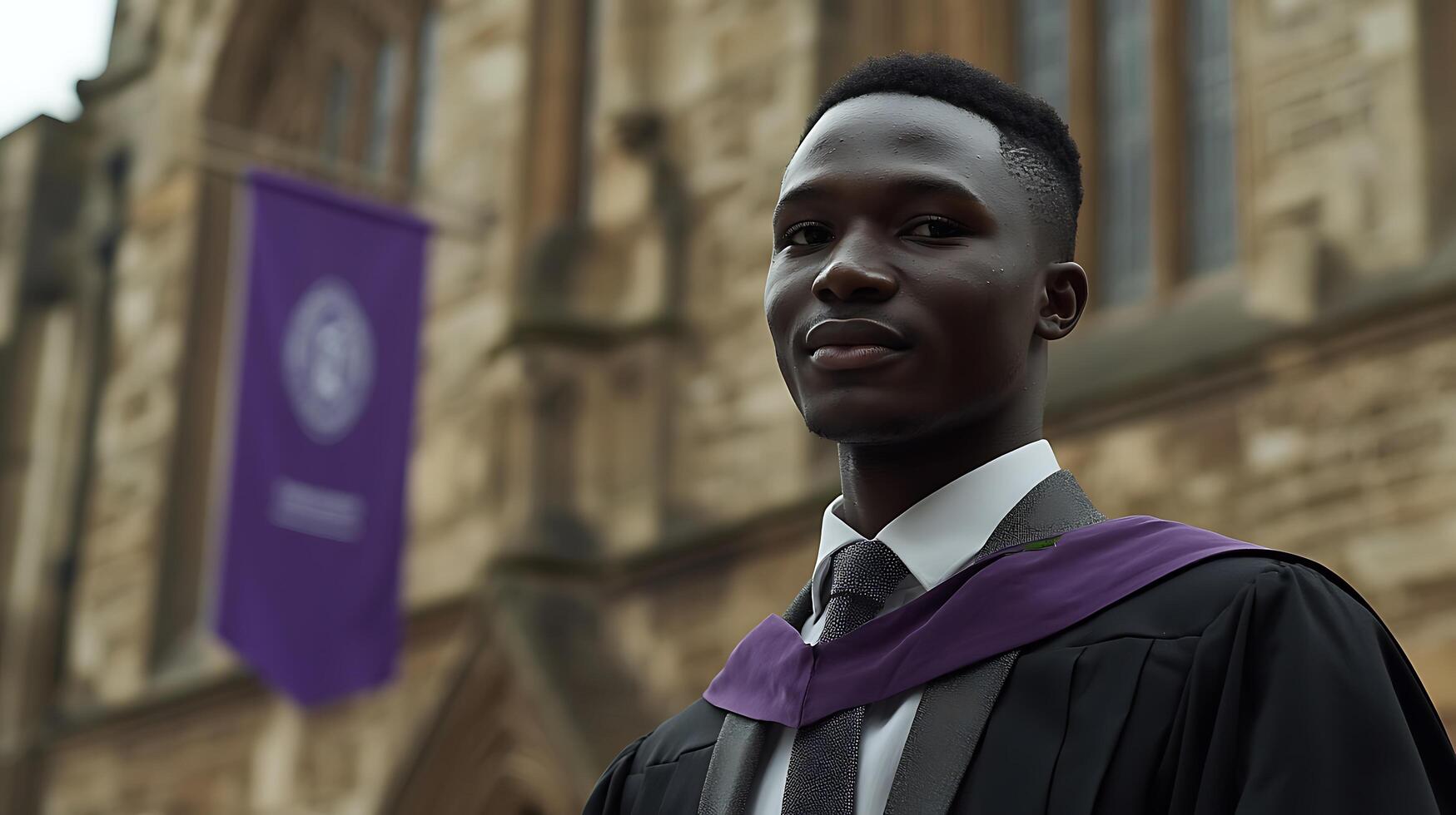 Portrait of a Proud Graduate in Academic Regalia, Standing Before a University Building. photo