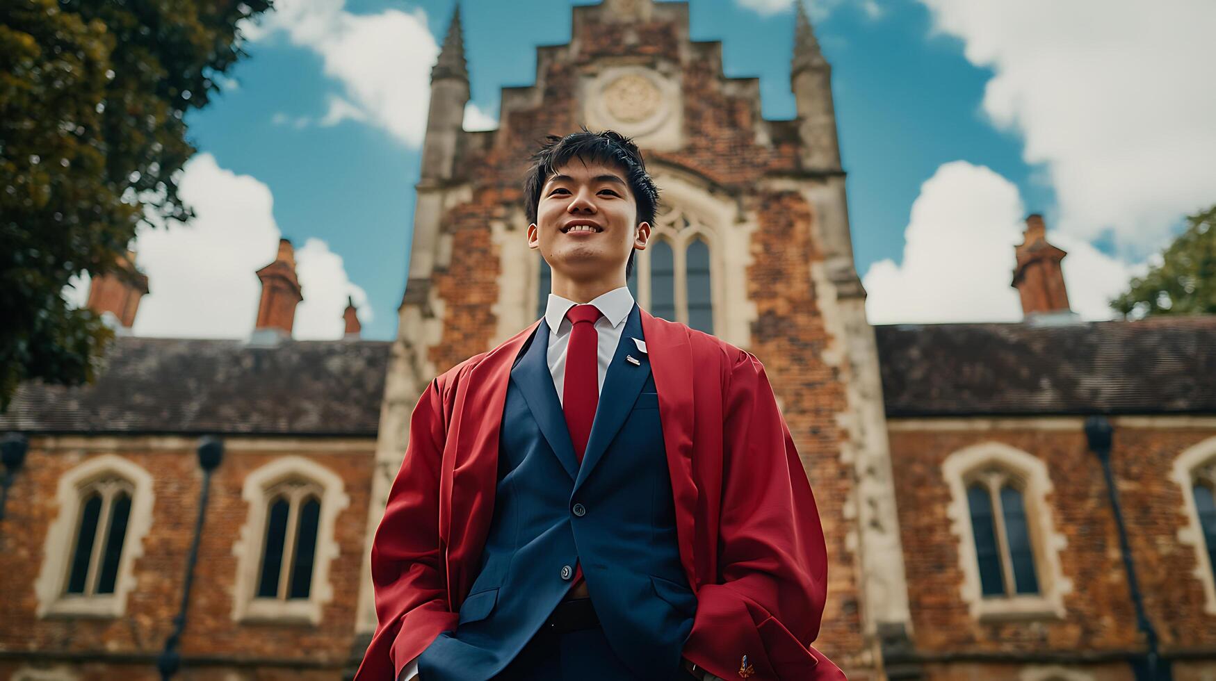 Happy Graduate in Academic Gown Outside Historic Building. A young man smiles proudly in his graduation robes, with a beautiful old building providing a stunning backdrop. photo