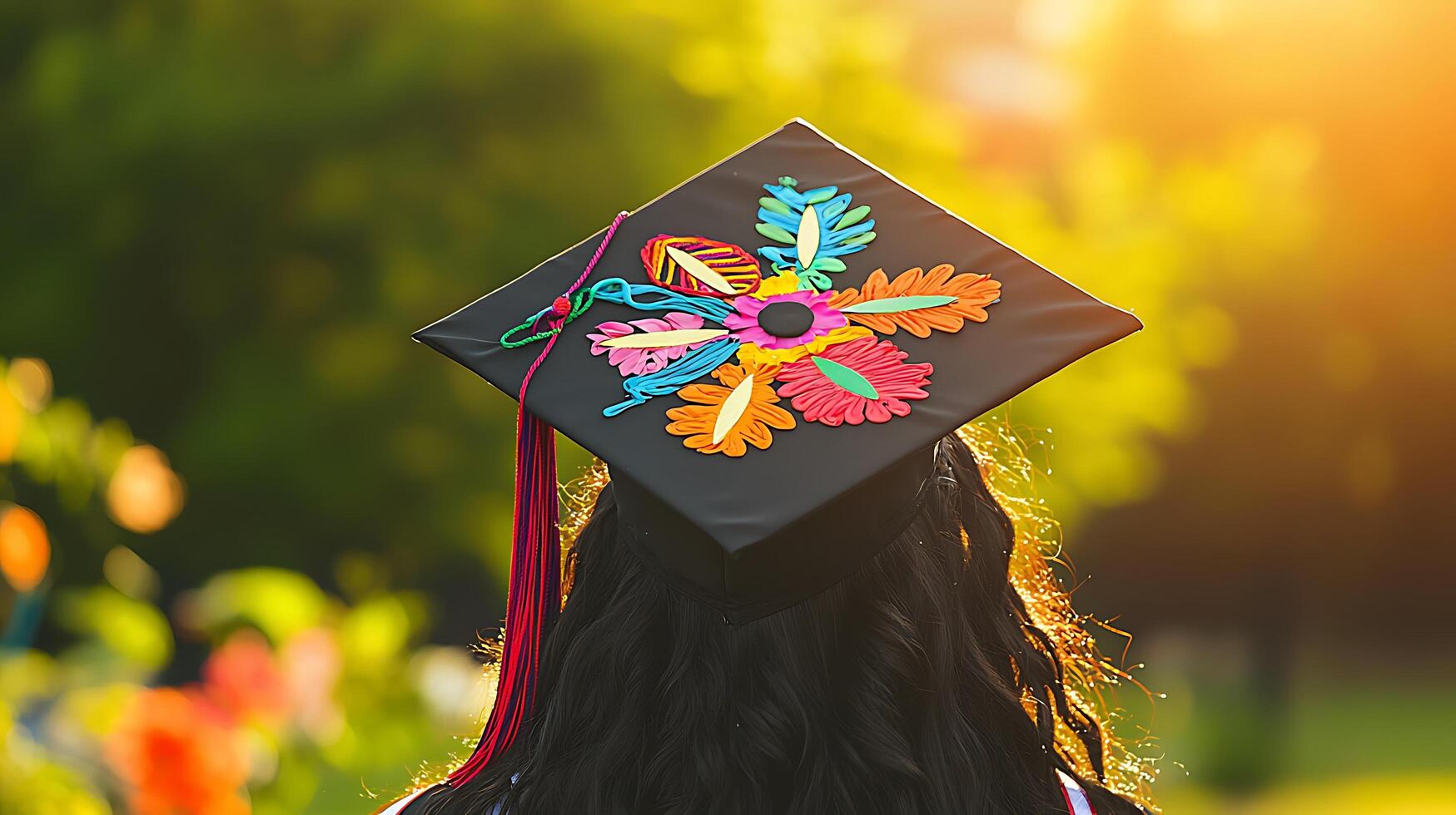 Colorful Graduation Cap with Floral Design. A close up of a decorated graduation cap worn by a graduate outdoors. photo