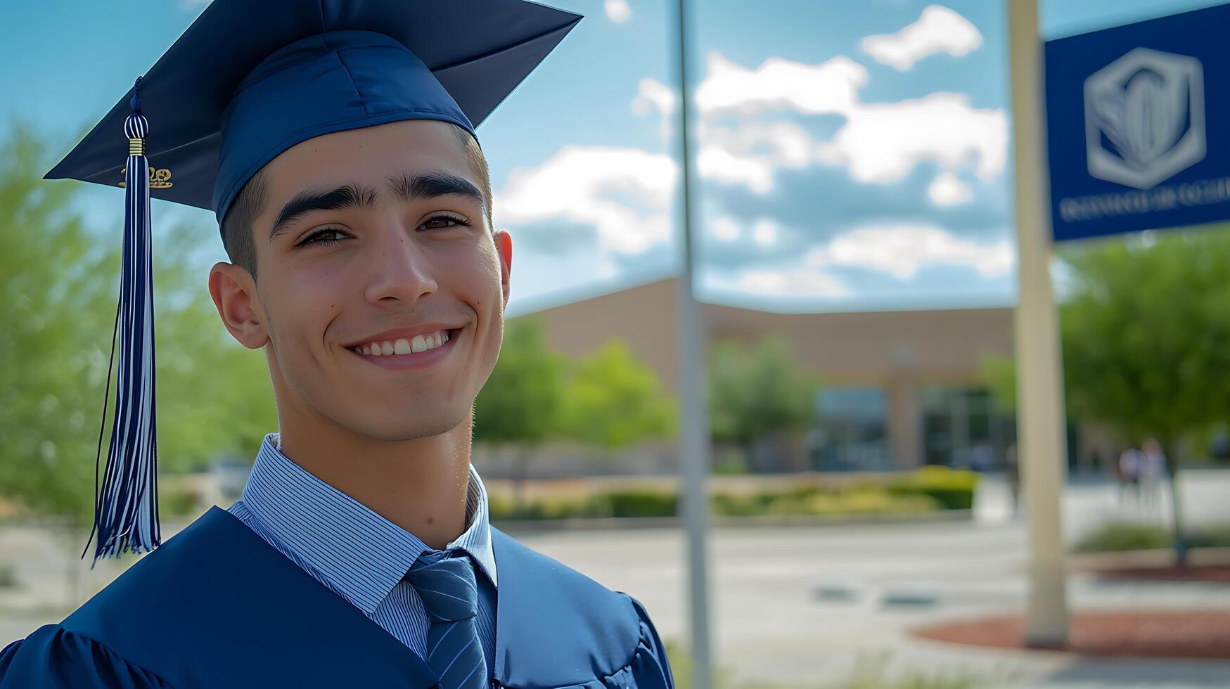 Happy Graduate in Cap and Gown Posing Outdoors on Graduation Day. photo