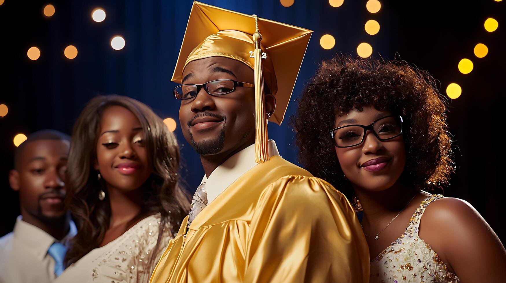 Proud Graduate Posing with Friends and Family at Graduation Ceremony. A close up image of a young man in a gold graduation gown with his supportive friends. photo