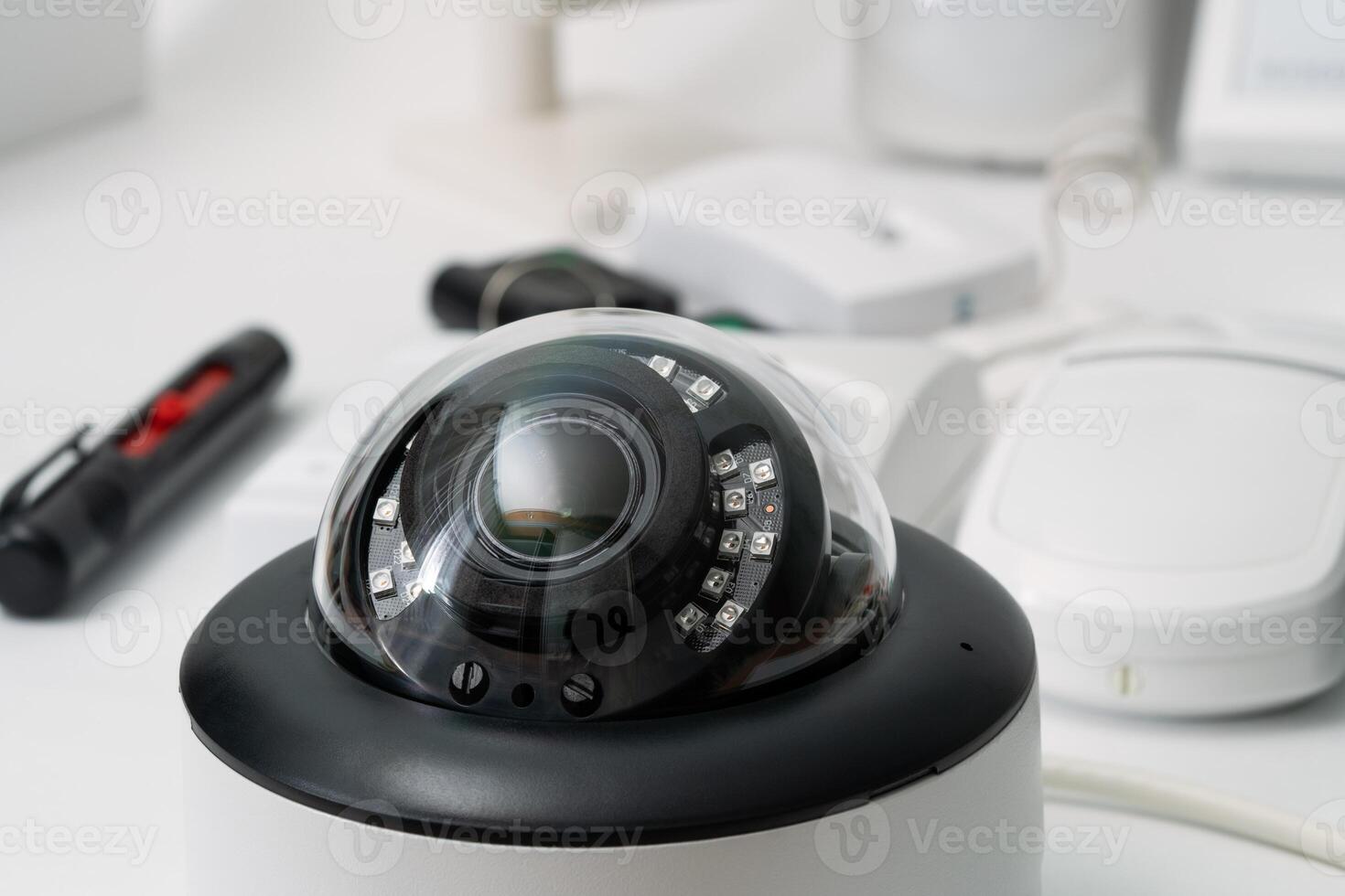 close-up surveillance camera with infrared LEDs. surveillance system and security of the house and the street. photo