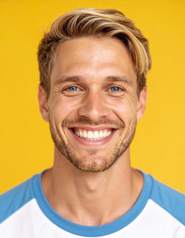 Happy man smiling brightly against a vibrant yellow background a cheerful portrait showcasing healthy teeth and a positive mood photo