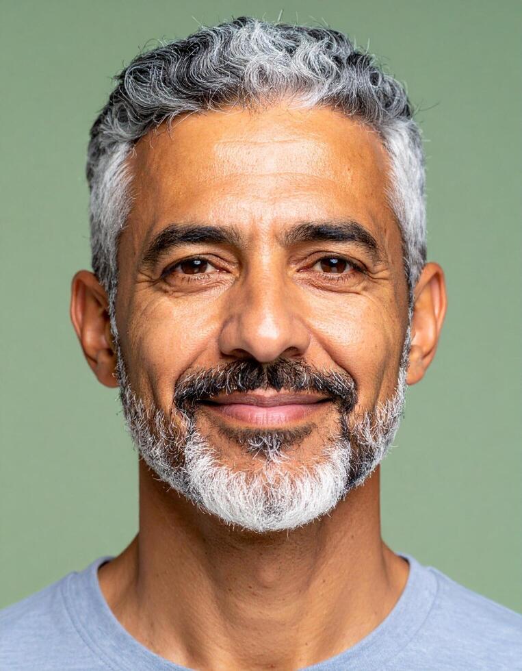 Mature Man Portrait Smiling Softly Green Background Happy Face Expression photo