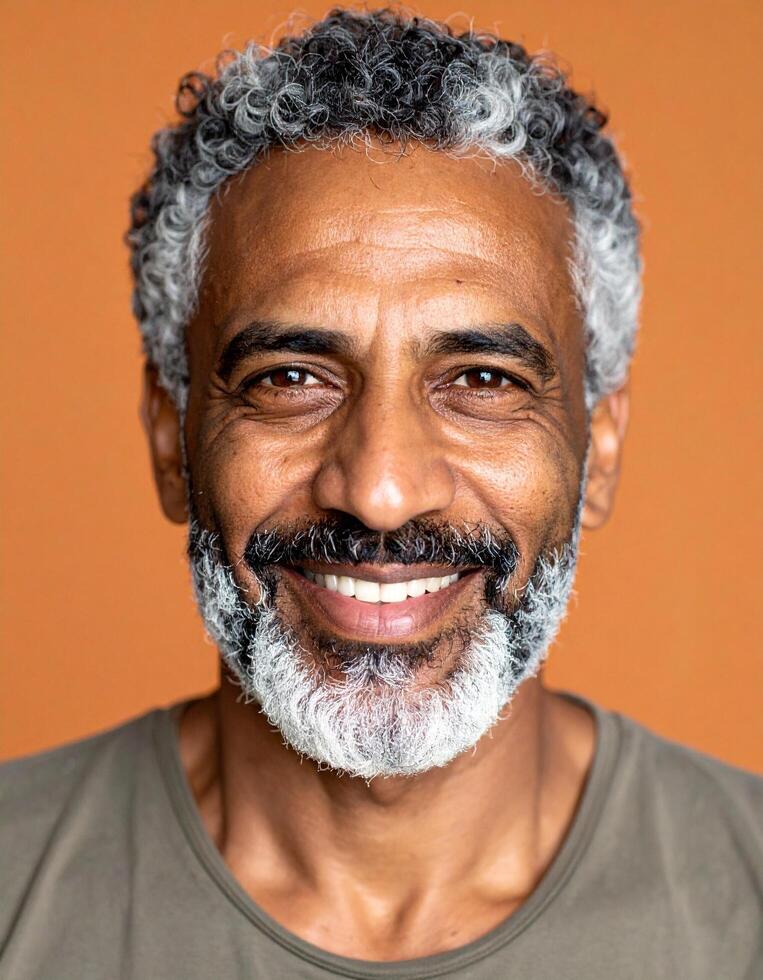 Happy mature man with graying curly hair smiling warmly against a burnt orange background a perfect portrait for diversity and aging themes. photo