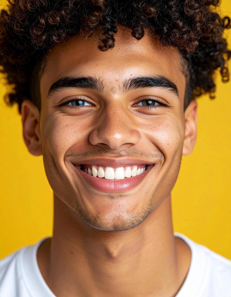 A young man with curly hair smiles brightly against a vibrant yellow background showcasing healthy teeth and joyful expression. photo