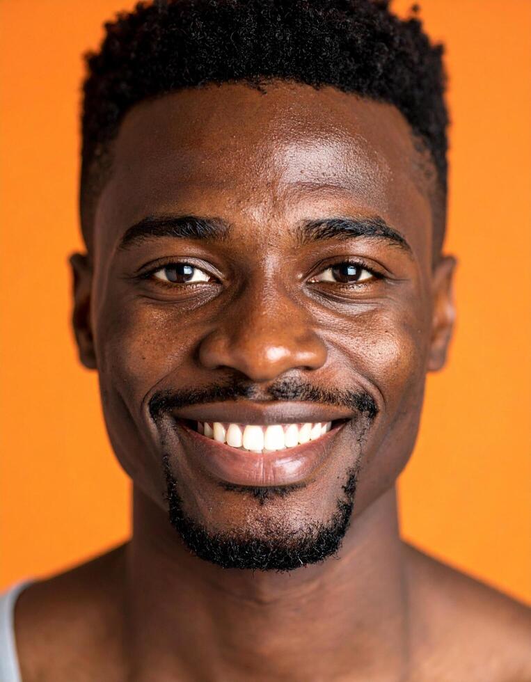 Happy African American man smiling brightly against a vibrant orange backdrop showcasing his joyful expression and healthy teeth. photo