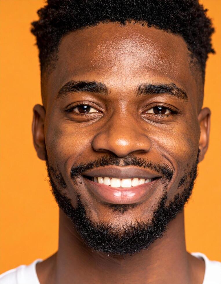 Happy African American man smiling warmly against a vibrant orange background a joyful portrait showcasing diversity and positive emotion photo