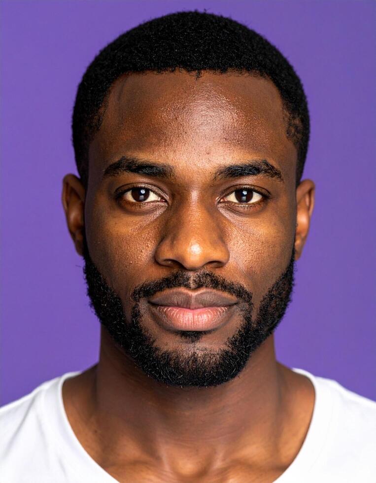 Portrait of a serious Black man against a purple backdrop, showcasing his facial features and expression. photo