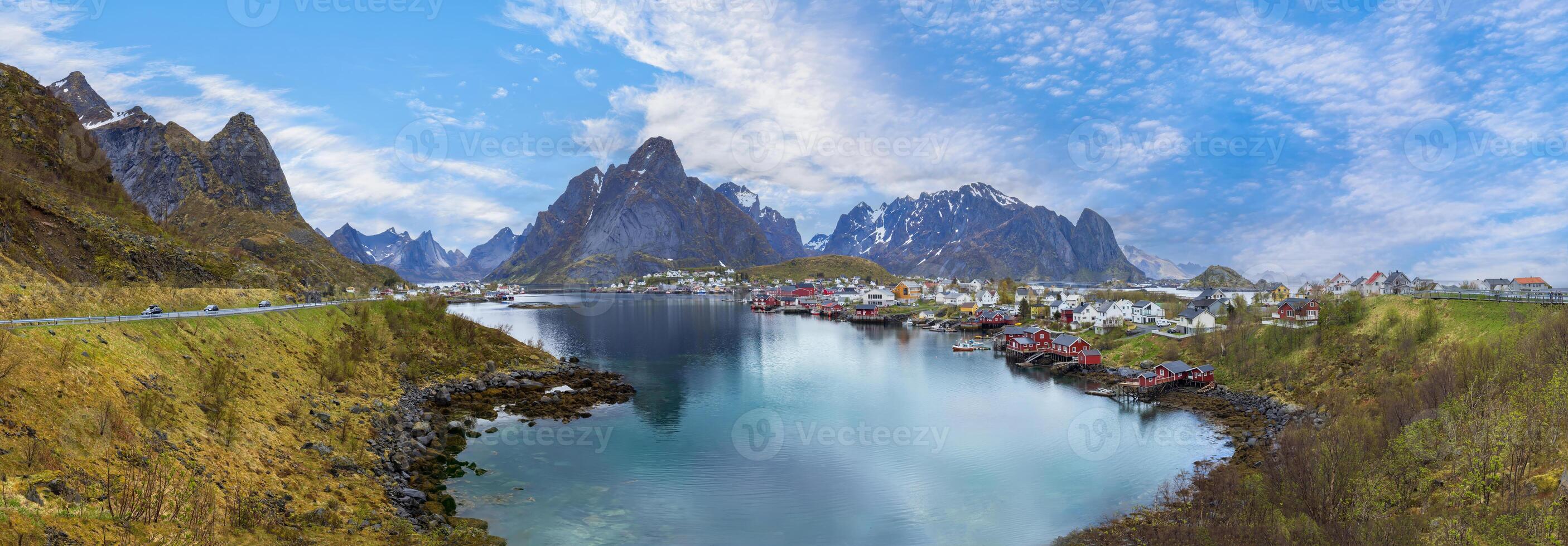 Beautiful Reine fishing village scenic dramatic views of Lofoten islands in Norway photo