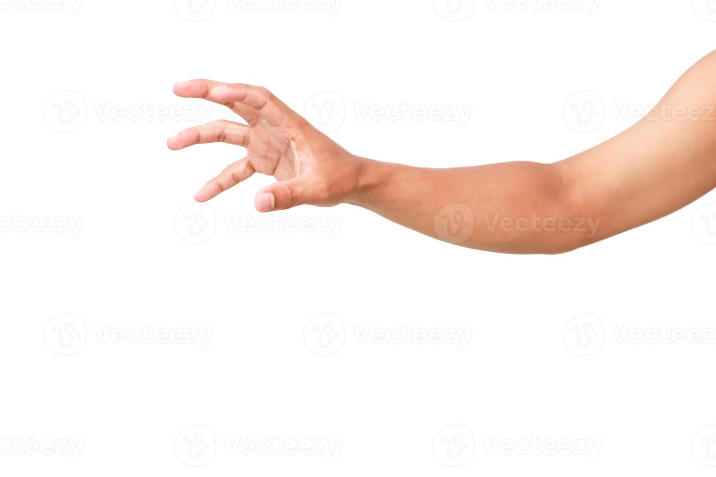 Isolated male hand reaching out with fingers spread against a white background photo