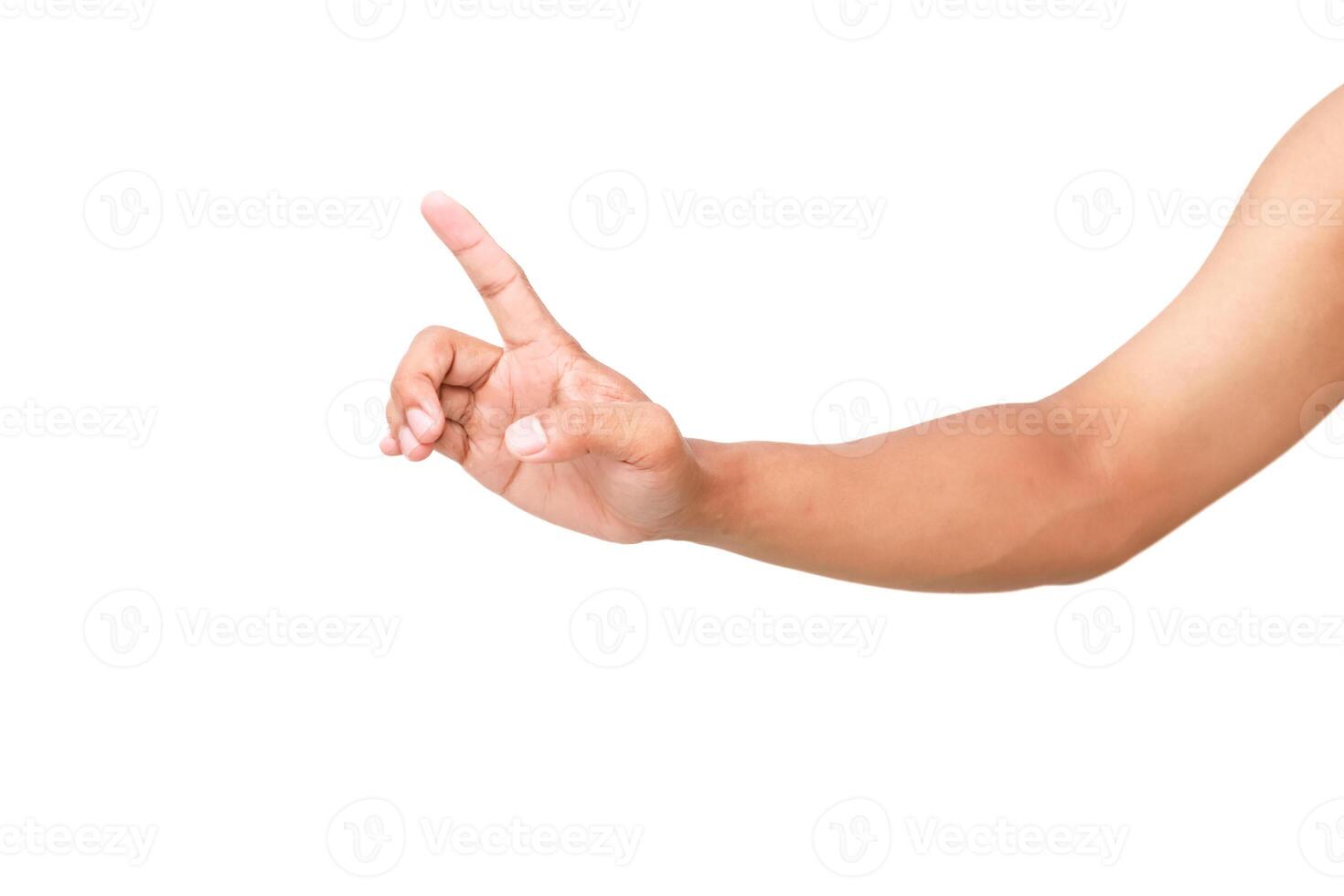 Hand gesture pointing up, isolated on a white background for presentations, human interaction, or conceptual illustrations photo