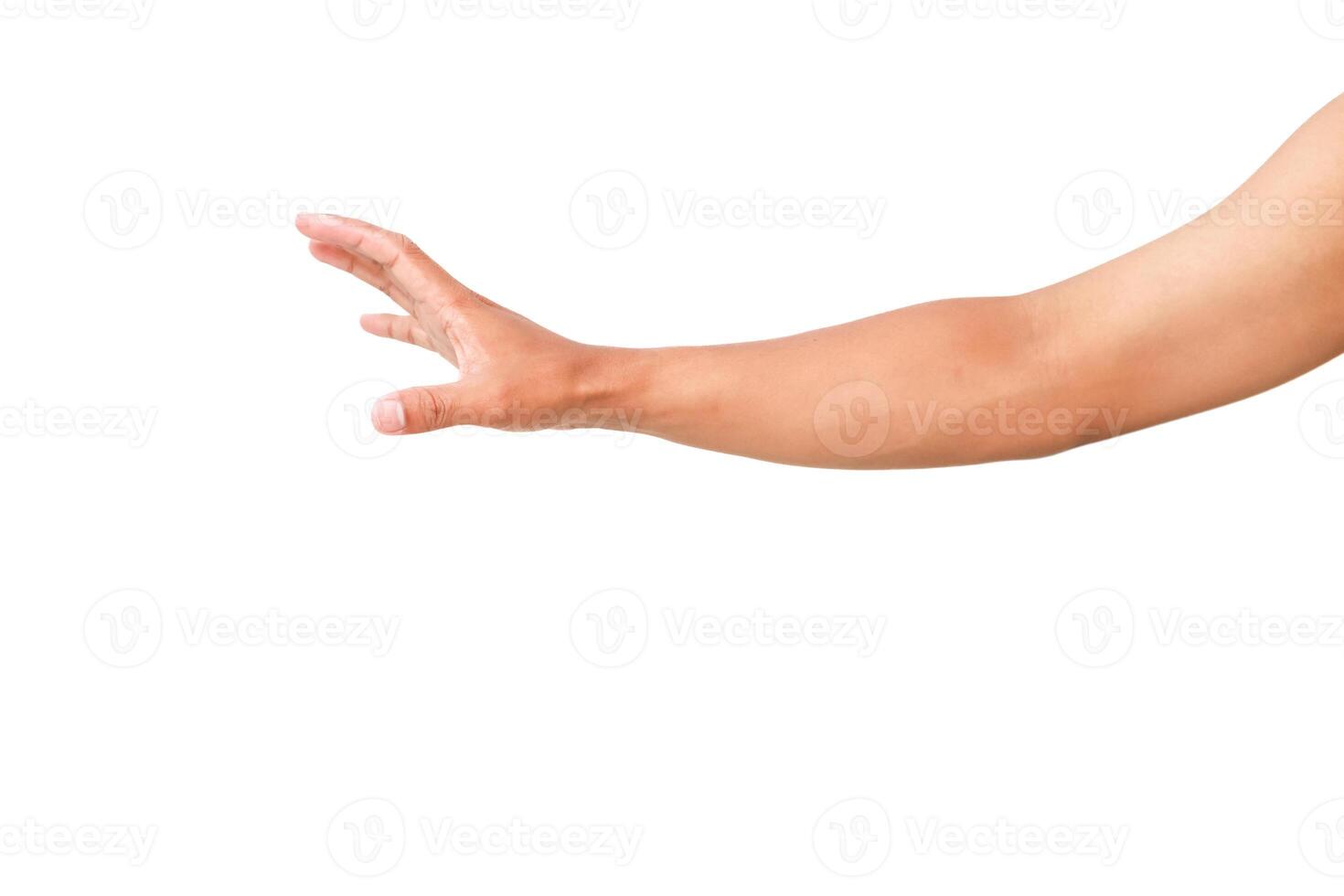 Isolated male hand reaching out on white background, offering or requesting concept photo