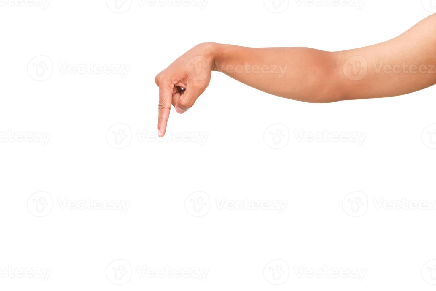 Hand gesture indicating downwards direction with clear white background space photo