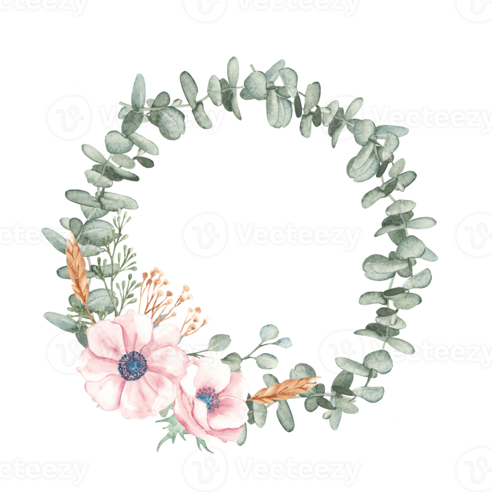 Watercolor Anemone and Eucalyptus branches wreath. Rustic greenery. Hand drawn botanical art. For stationery, invitations, save the date, wedding or greeting cards. png