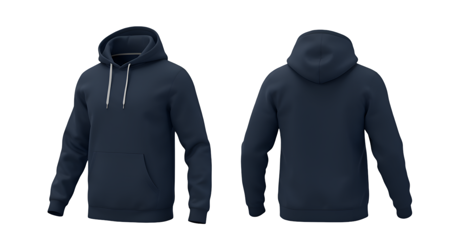 Navy hooded sweatshirt front pouch pocket adjustable drawstrings front and back views png