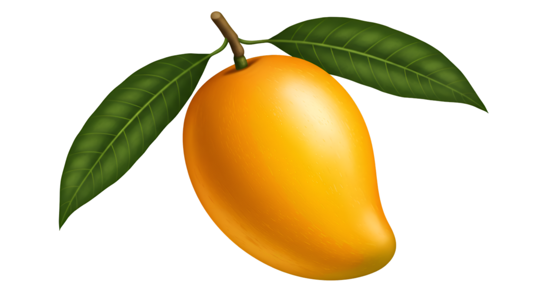 Ripe Alphonso Mango with Lush Green Leaves and a Short Stem Detail png