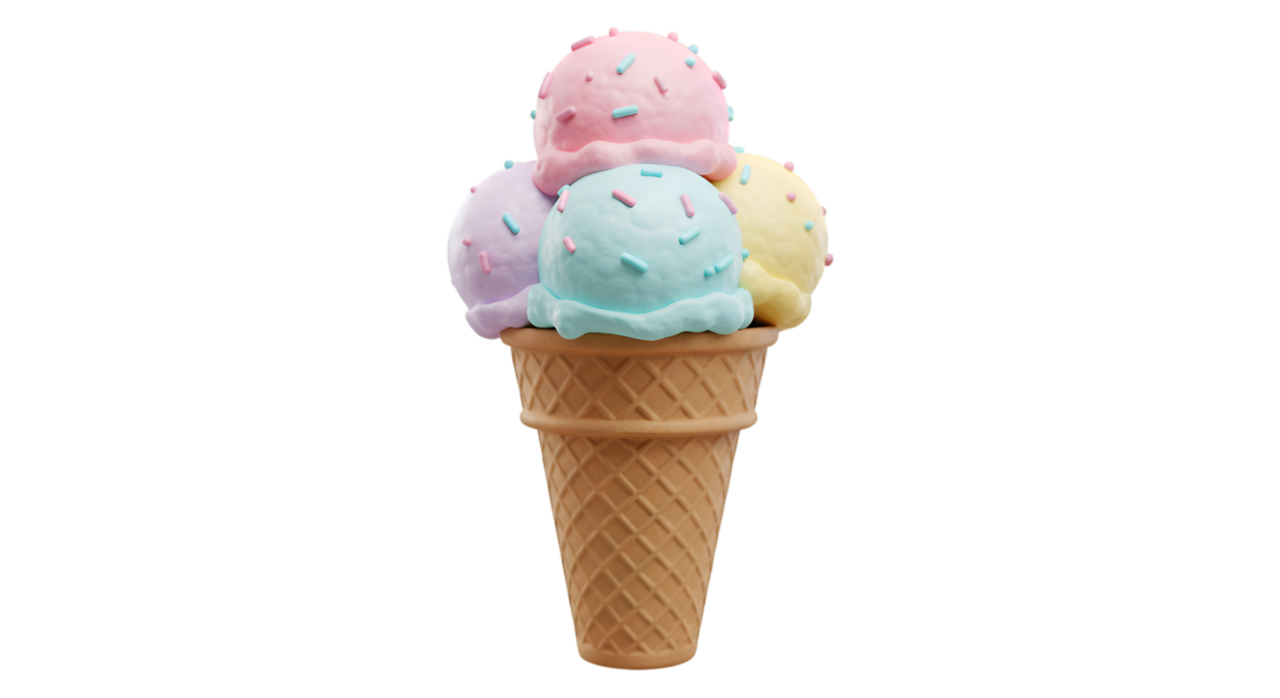 Pastel Ice Cream Cone with Sprinkles Pink Blue Lavender and Yellow Scoops png