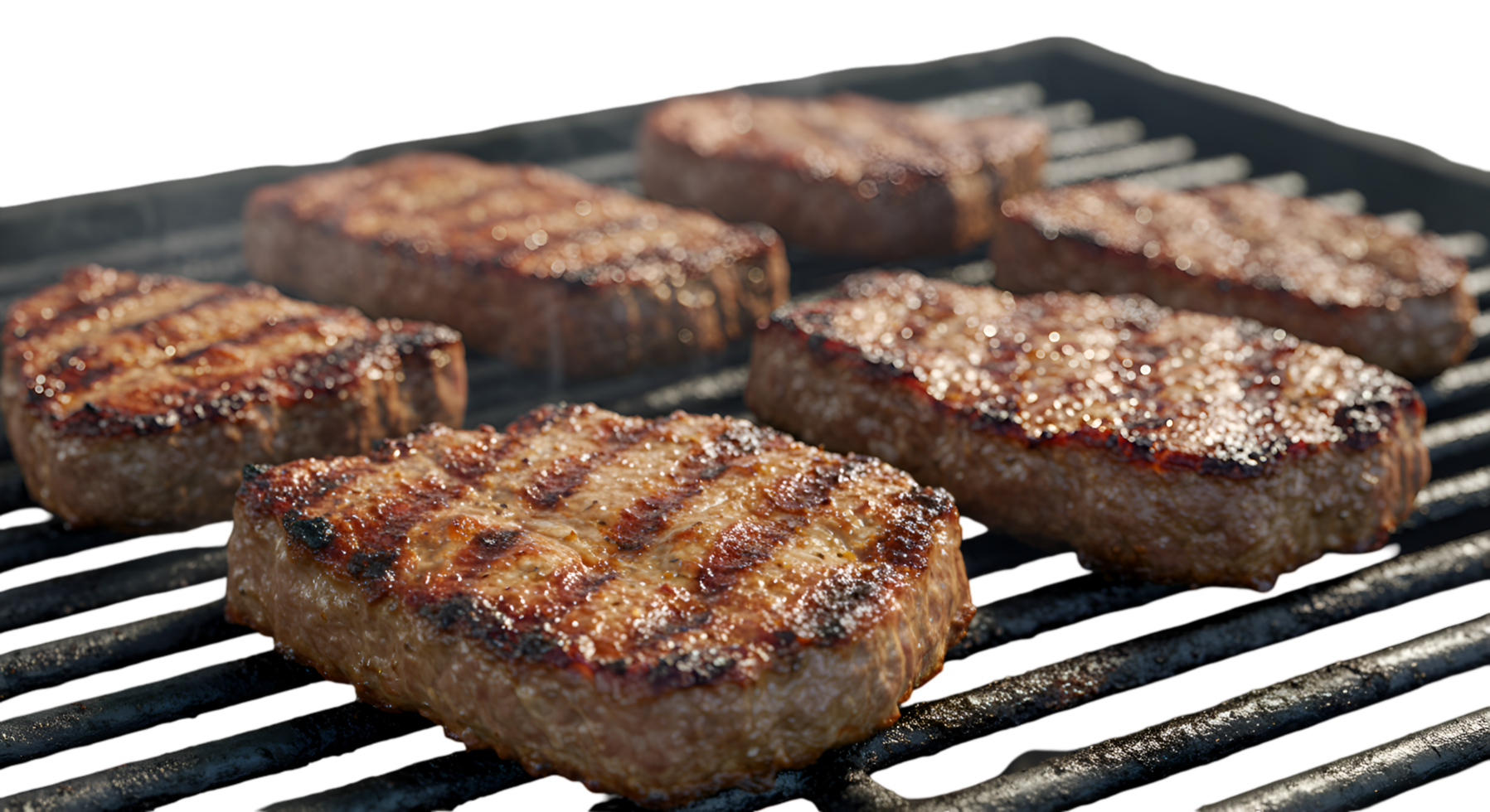 Grilled Square Burger Patties with Distinct Grill Marks on a Black Grill png